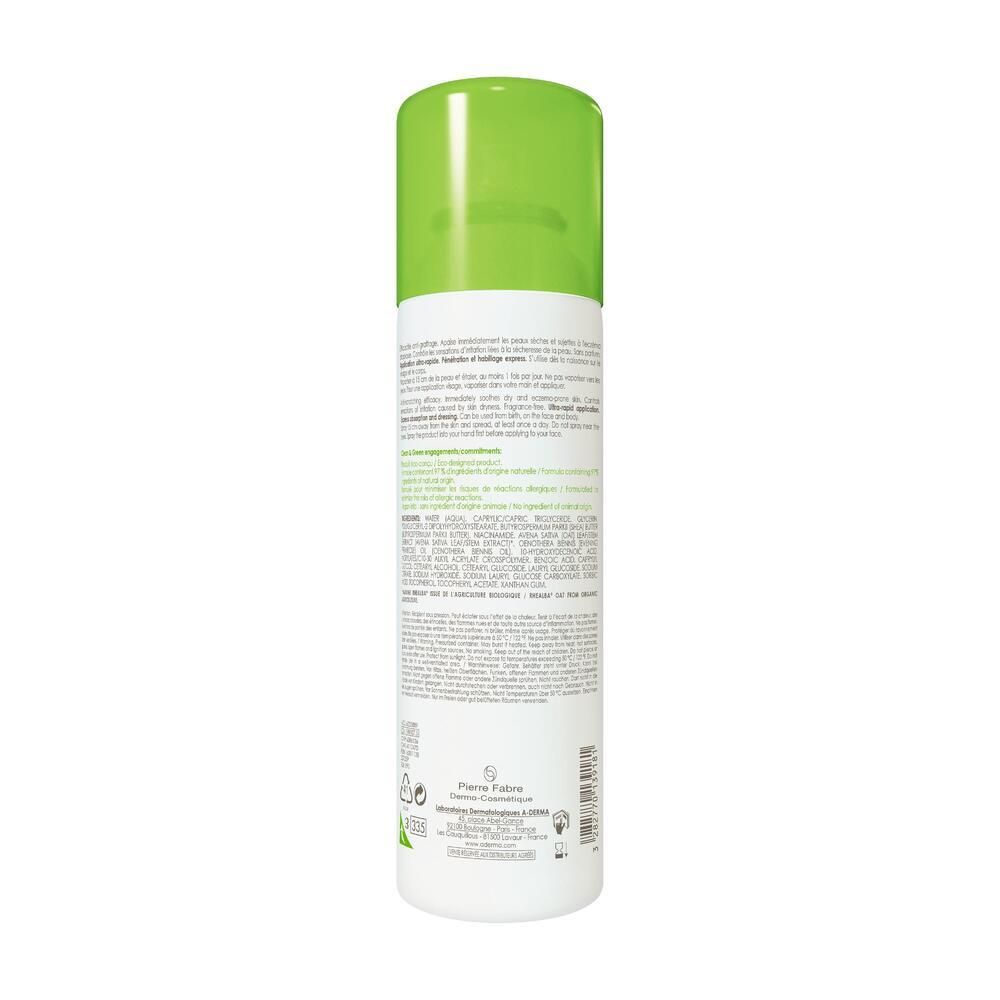 Dos du flacon de spray A-Derma Exomega Control. Texte multilingue. Bouchon vert.
