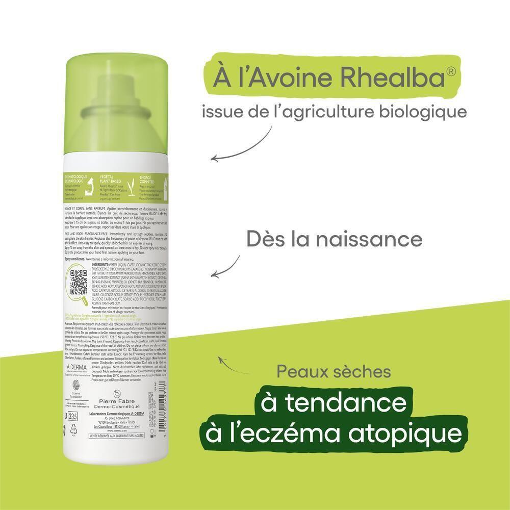 Dos du flacon de spray A-Derma Exomega Control. Texte et flèches. Bouchon vert.