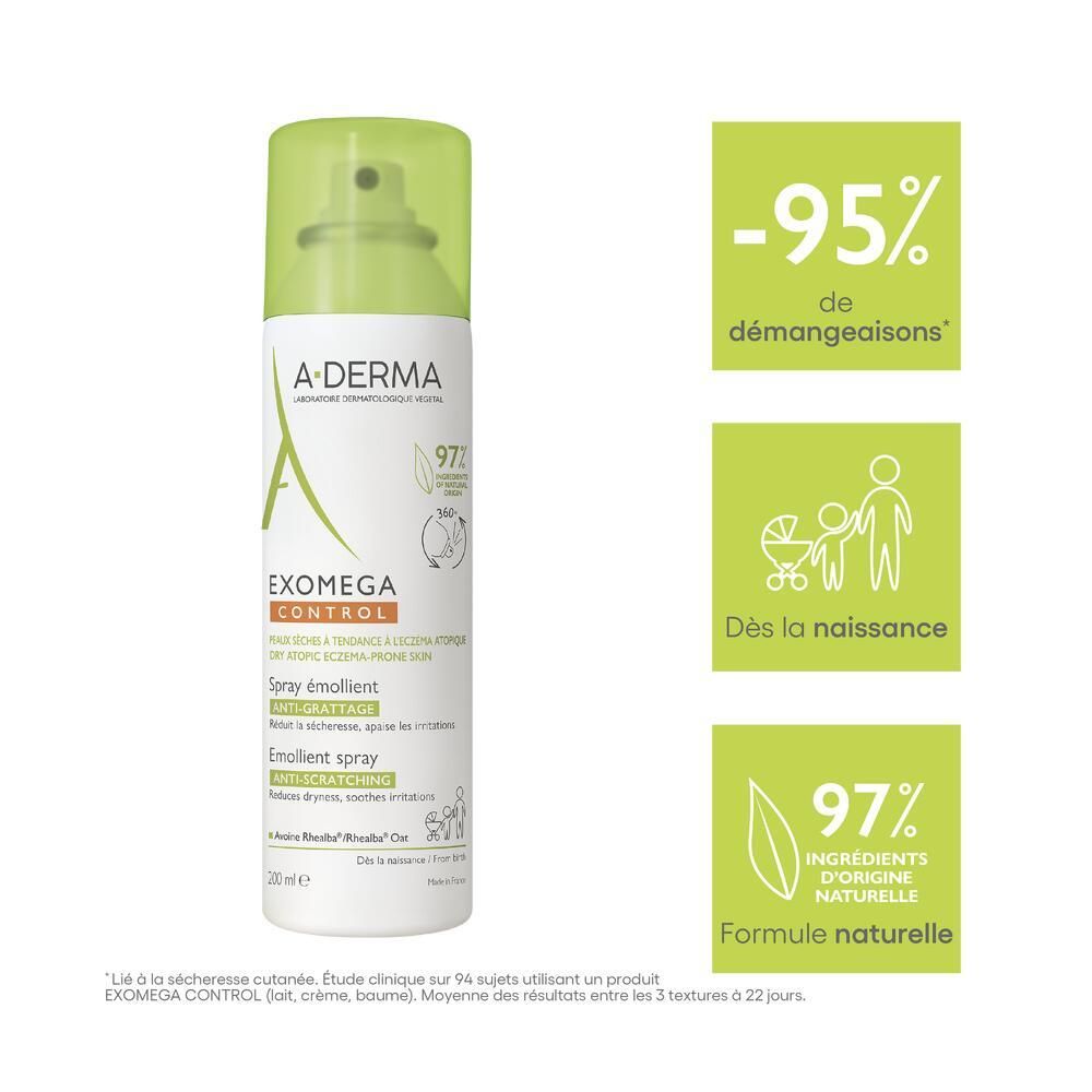 Spray A-Derma Exomega Control. Flacon blanc, bouchon vert. Texte et logos. Trois carrés verts.