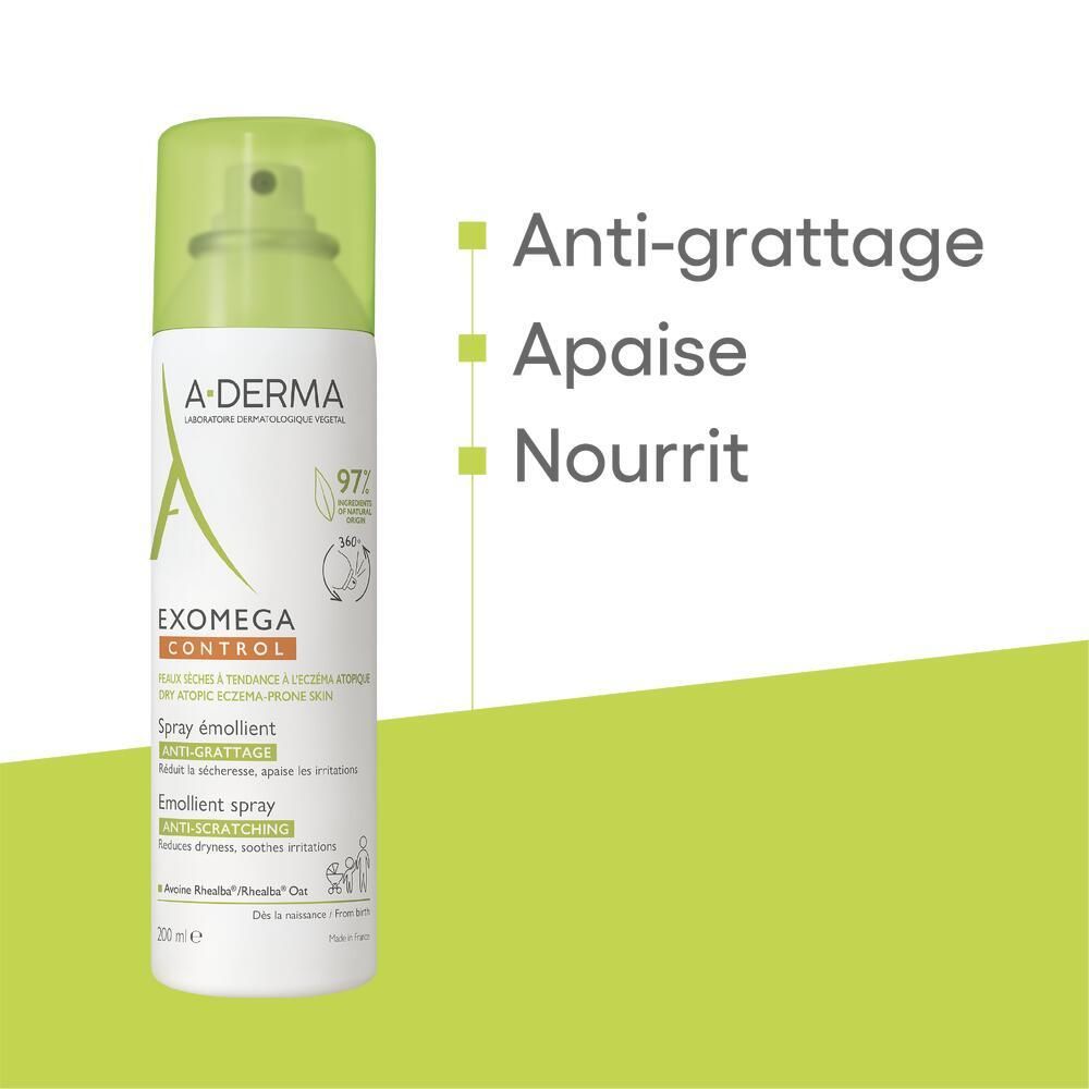 Spray A-Derma Exomega Control. Flacon blanc, bouchon vert. Texte et carrés verts.