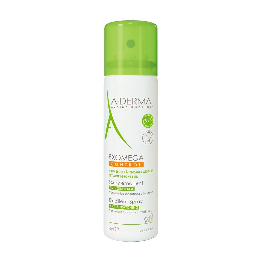 Spray émollient A-DERMA EXOMEGA CONTROL. Flacon blanc, bouchon vert. Texte: Anti-grattage, peaux à tendance atopique.