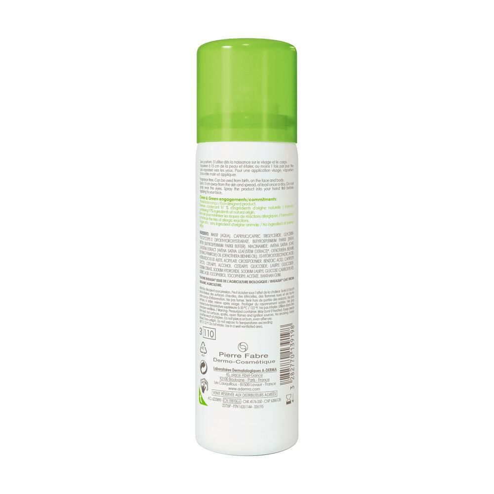 Dos du flacon de spray A-DERMA EXOMEGA CONTROL. Informations textuelles et logos. Fond blanc.
