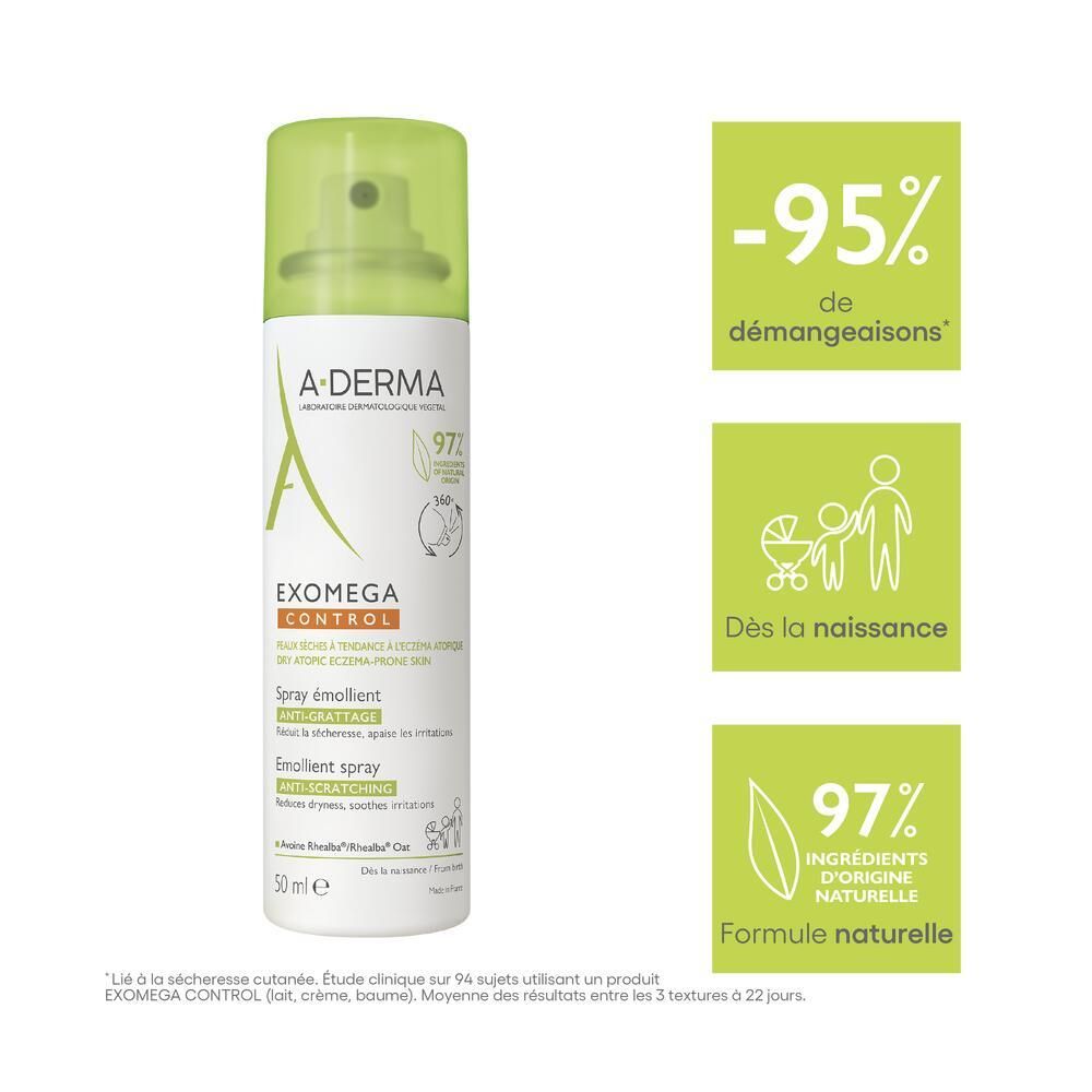 Spray A-DERMA EXOMEGA CONTROL. Texte: -95% démangeaisons, 97% ingrédients naturels. Dès la naissance.