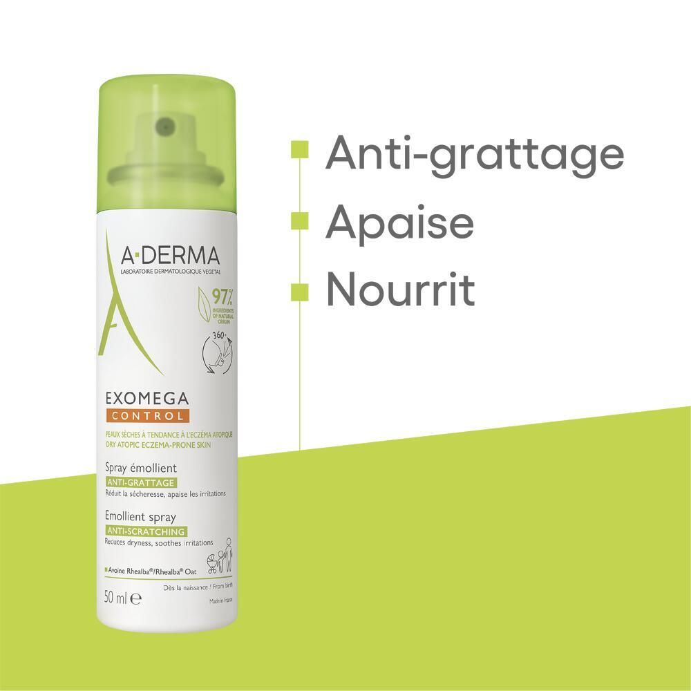 Spray A-DERMA EXOMEGA CONTROL. Texte: Anti-grattage, Apaise, Nourrit. Fond vert.