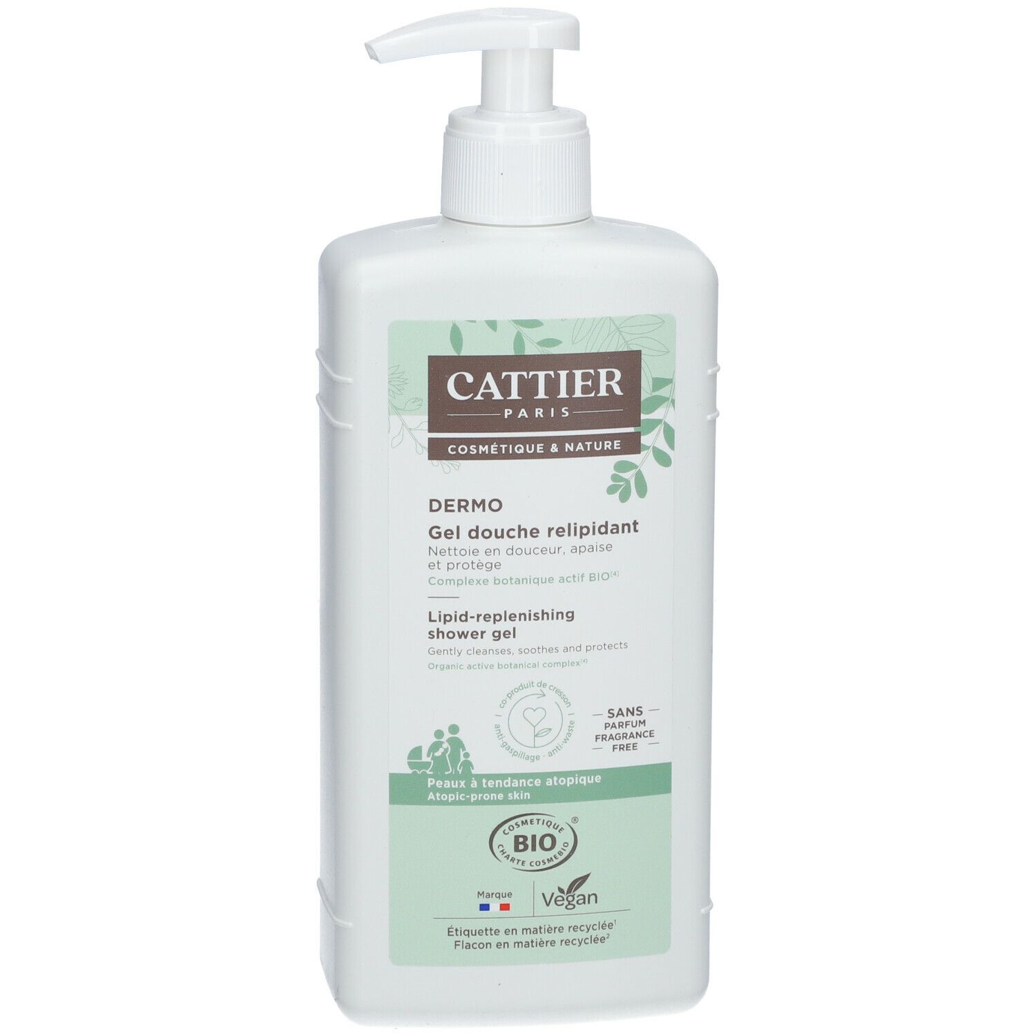 Flacon blanc avec pompe. Inscription: CATTIER PARIS, Dermo Gel douche relipidant. Certification bio, vegan.