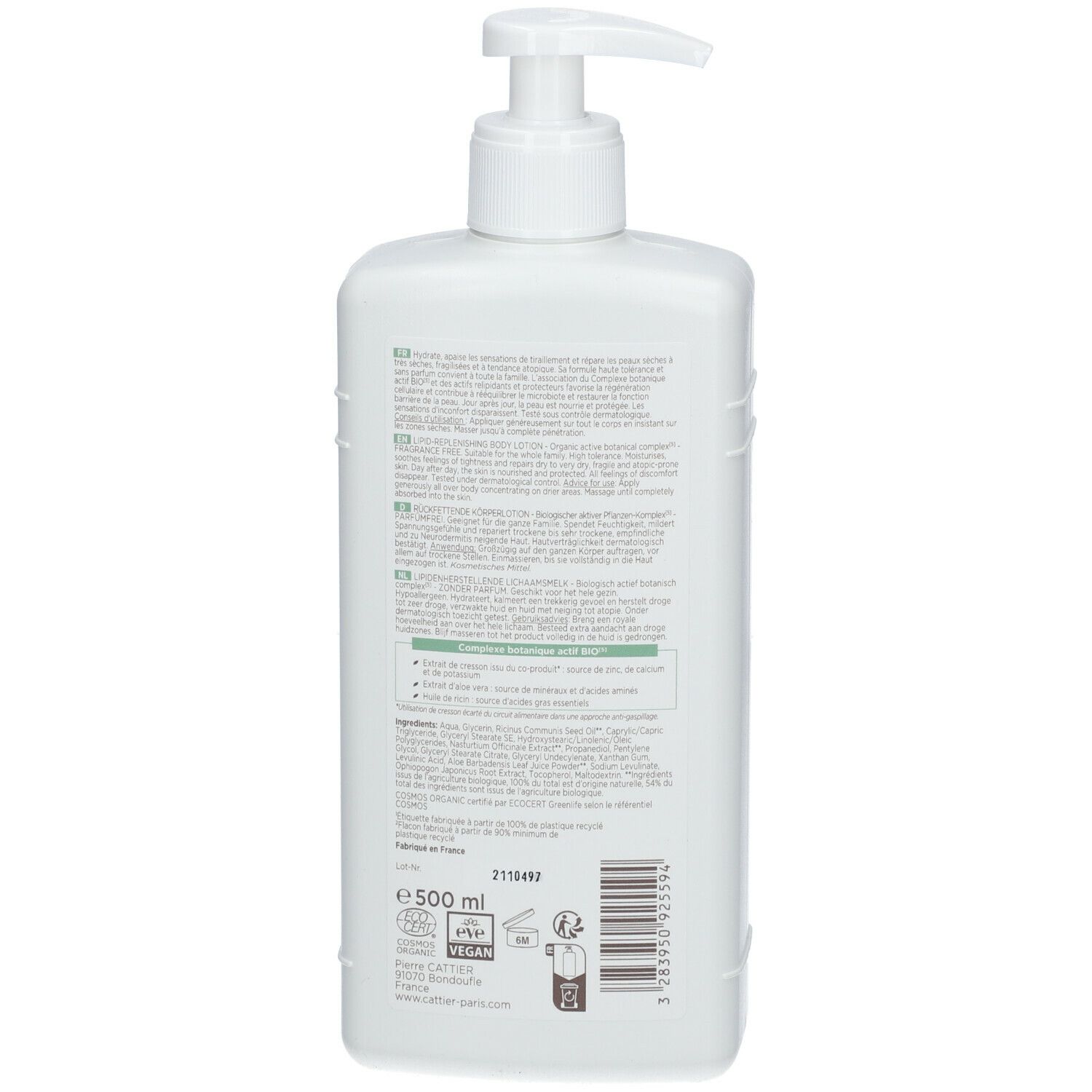 Achterkant van de witte fles met pomp. Tekst in meerdere talen. Vegan- en Bio-logo. Volume: 500 ml.