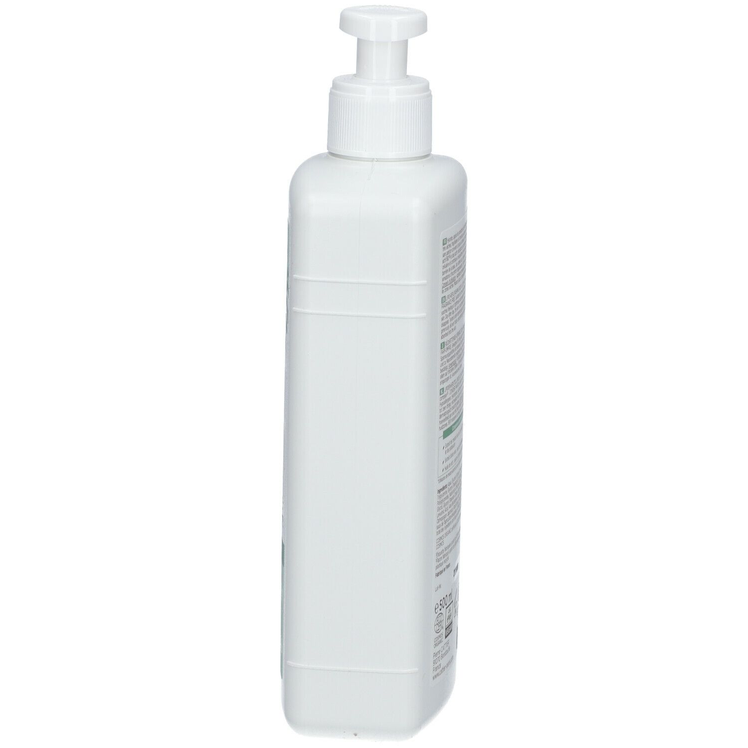 Witte, rechthoekige fles met pomp. Zijaanzicht. Opschrift onleesbaar.