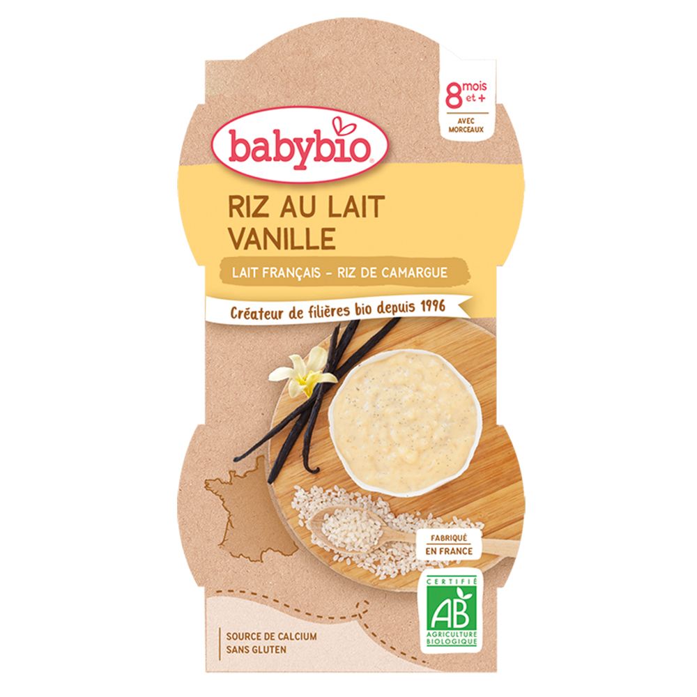 Emballage Babybio RIZ AU LAIT VANILLE. Inscriptions: 8 mois et +, label AB, vanille, riz, illustration du produit.