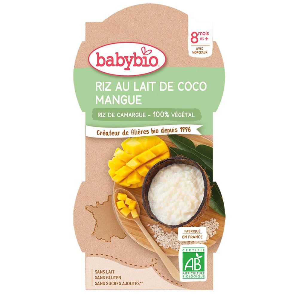 Emballage Babybio avec riz coco mangue. Représentation de mangue et riz dans noix de coco. Certification AB bio.
