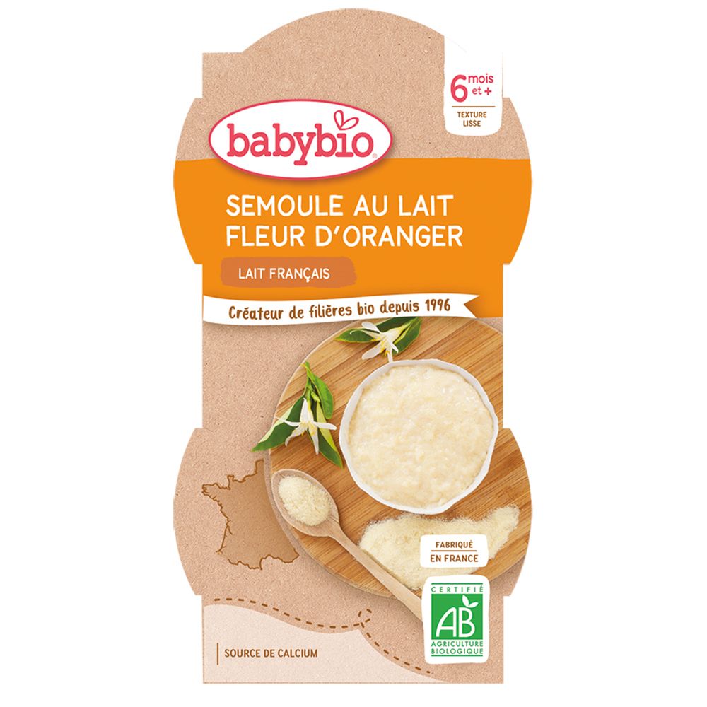 Produktverpackung mit Aufschrift. Bio-Zertifizierung. Ab 6 Monaten. Textur lose.