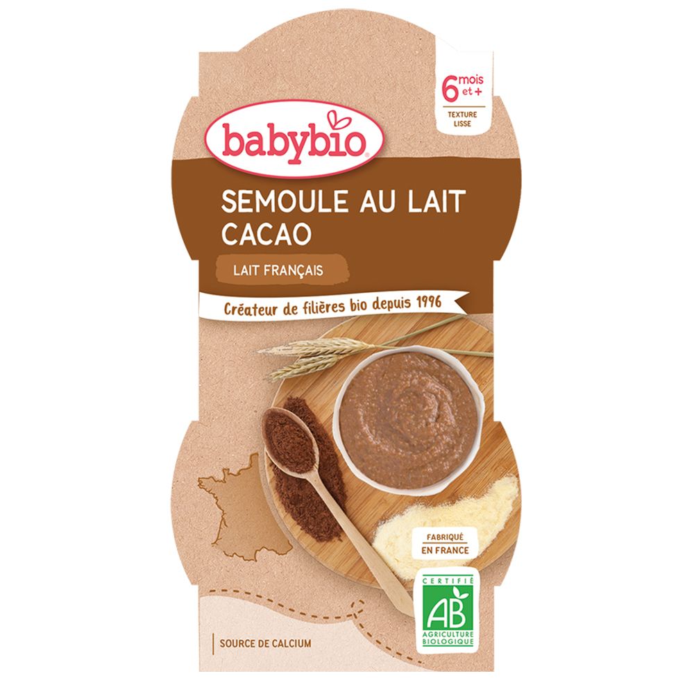 Emballage Babybio Semoule au Lait Cacao. Boîte marron avec image du produit et label AB.
