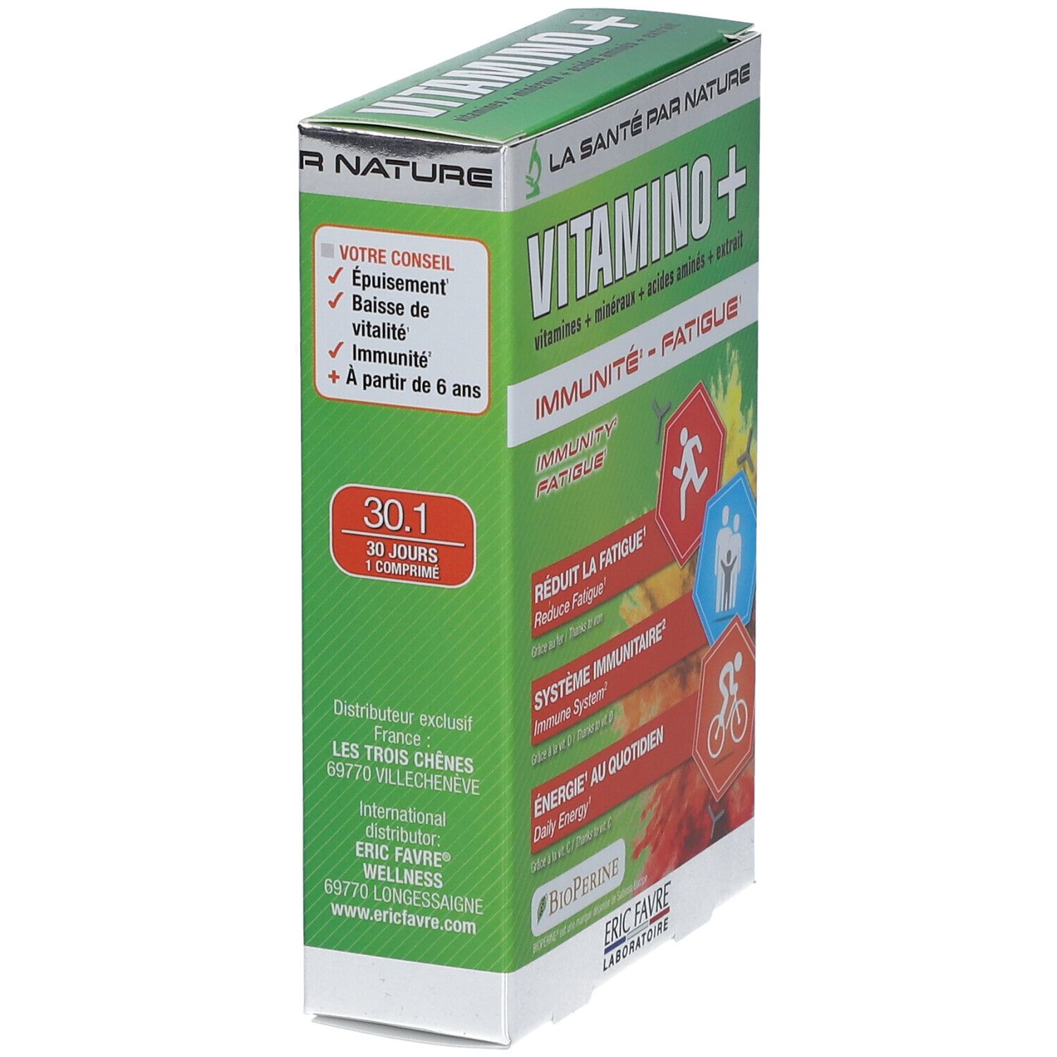Boîte verte "Vitamino+". Texte : "Immunité - Fatigue". Contient 30 comprimés. Marque : ERIC FAVRE. Vue en angle.