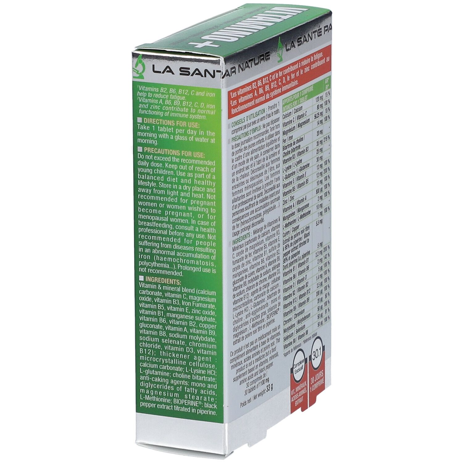 Dos de la boîte verte "Vitamino+". Contient instructions et ingrédients. Marque : ERIC FAVRE. Texte en français.