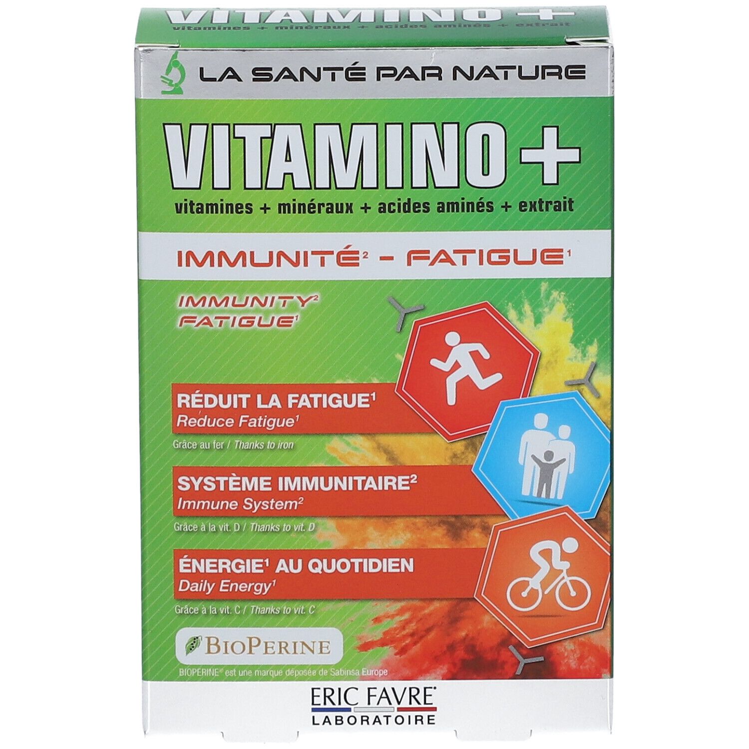 Boîte verte "Vitamino+" avec texte : "Immunité - Fatigue". Contient vitamines et minéraux. Marque : ERIC FAVRE.