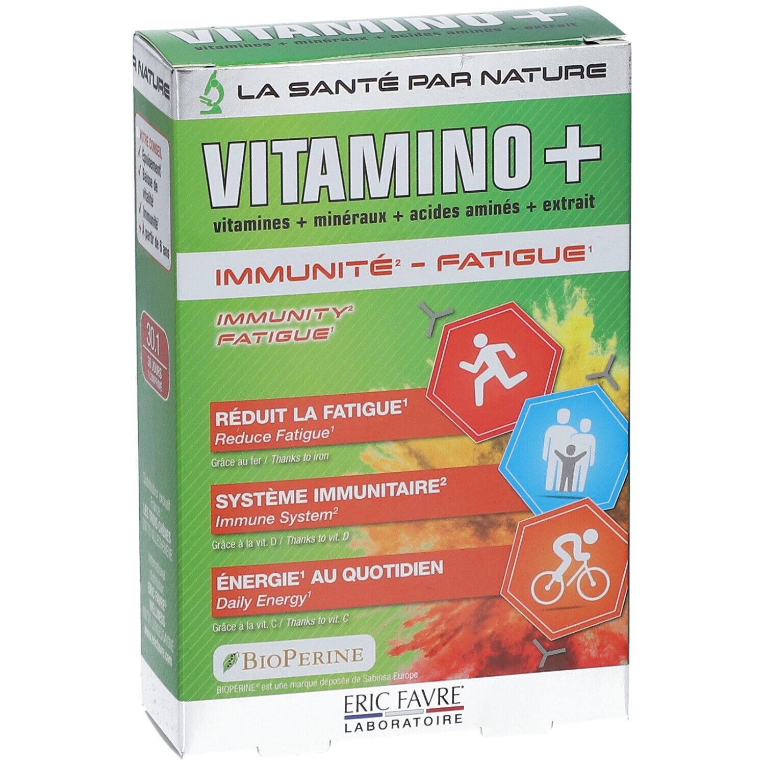 Boîte verte "Vitamino+" avec texte : "Immunité - Fatigue". Contient vitamines et minéraux. Marque : ERIC FAVRE.
