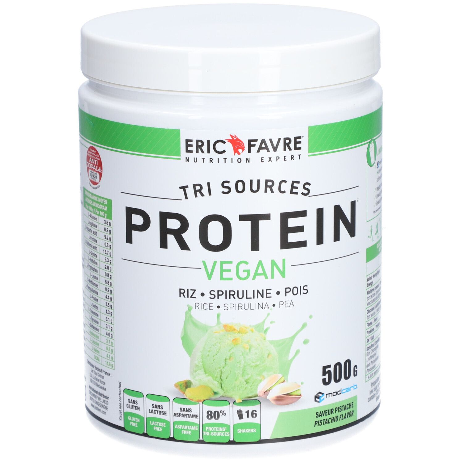Pot blanc avec étiquette verte. Inscription: Eric Favre, Tri Sources Protein Vegan. Goût pistache. 500g.