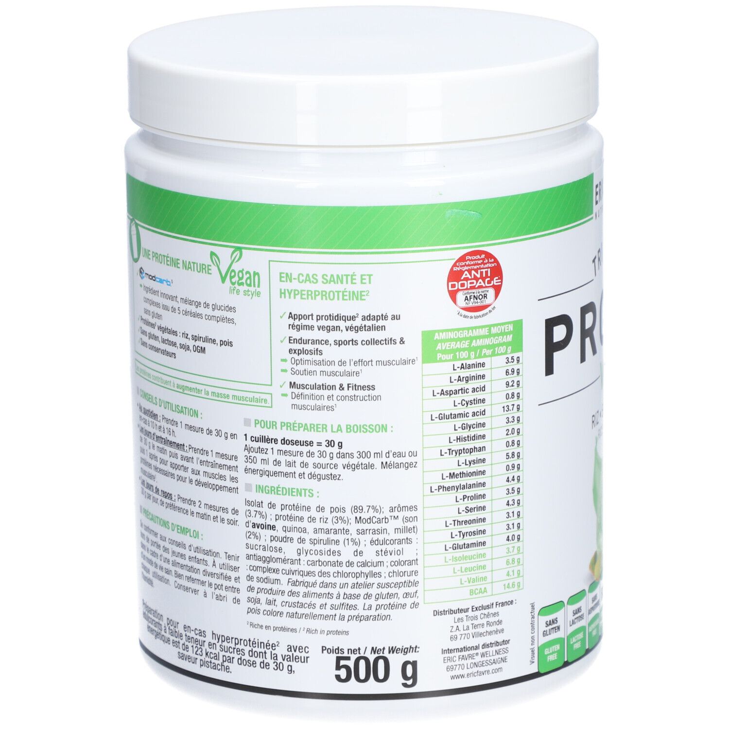 Dos du pot blanc. Texte avec ingrédients et informations nutritionnelles. Vegan, sans gluten, sans lactose.