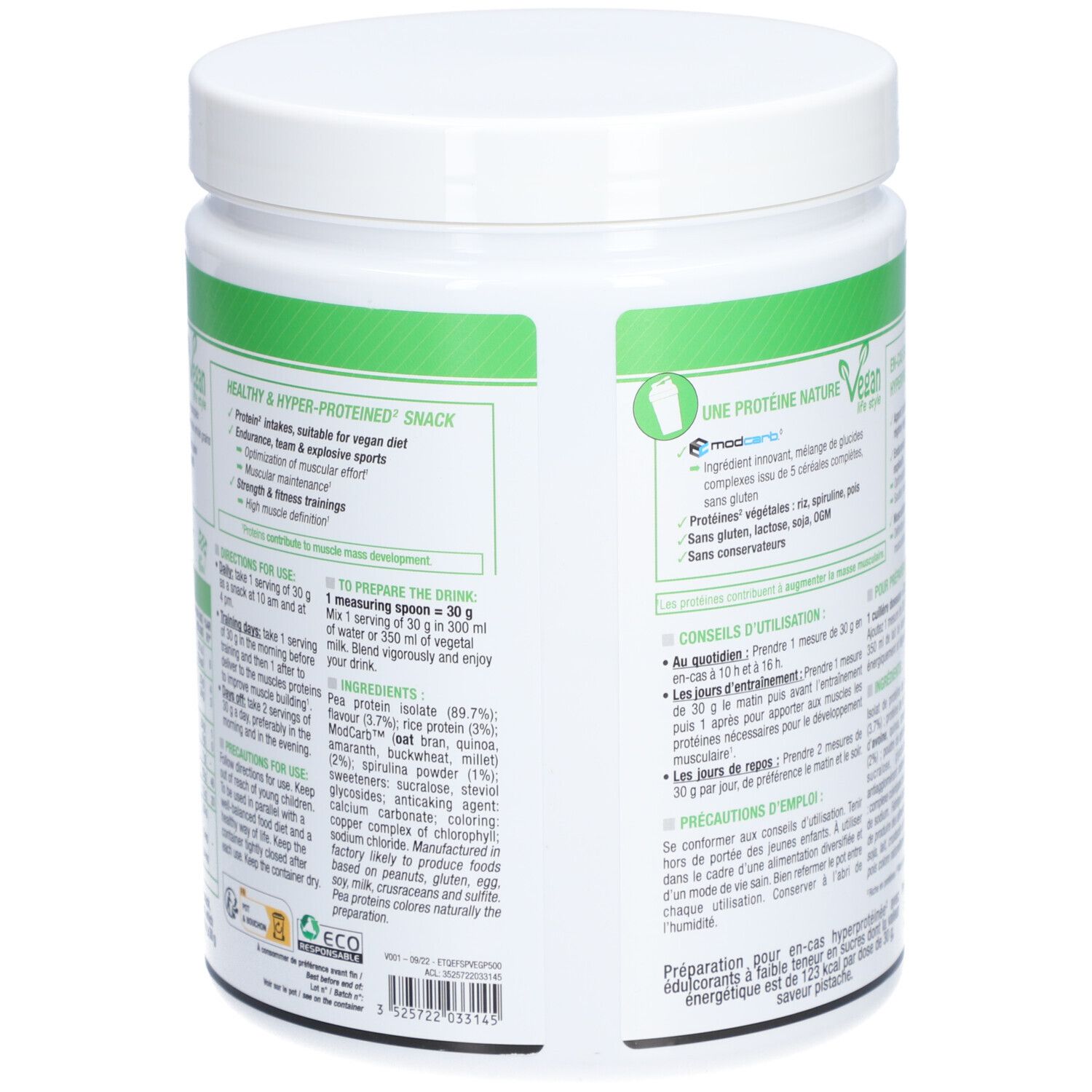 Dos du pot blanc. Texte avec ingrédients et informations nutritionnelles. Vegan, sans gluten, sans lactose.