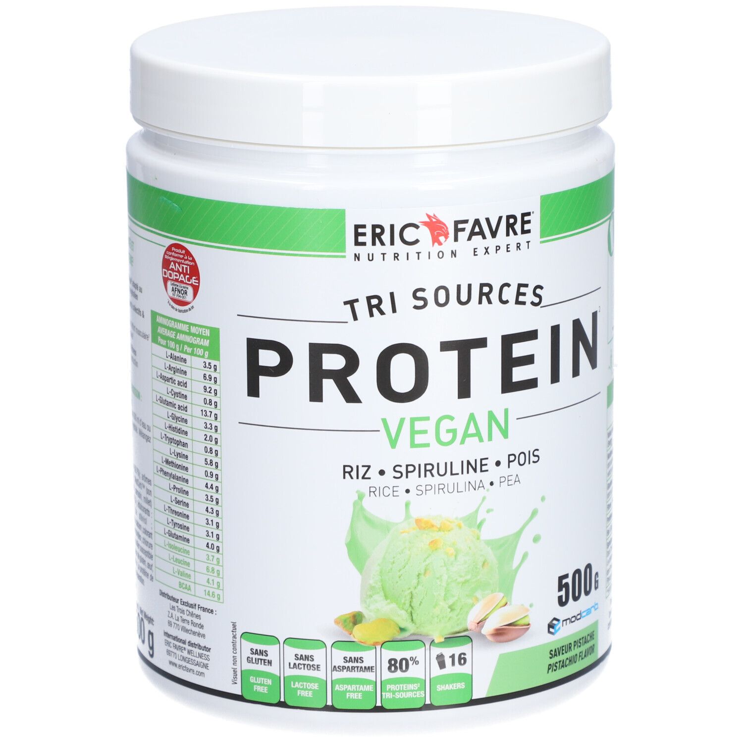 Pot blanc avec étiquette verte. Inscription: Eric Favre, Tri Sources Protein Vegan. Goût pistache. 500g.