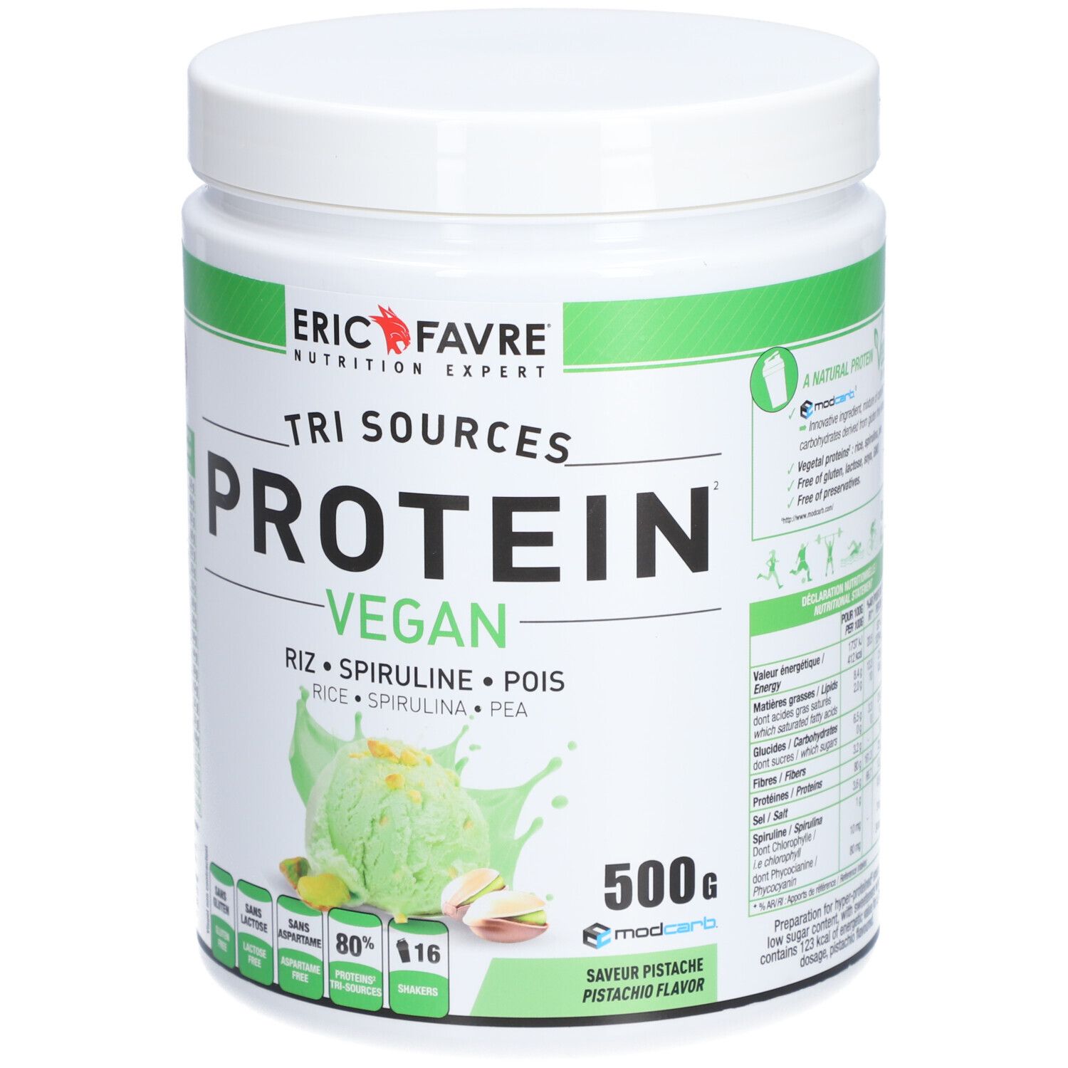Pot blanc avec étiquette verte. Inscription: Eric Favre, Tri Sources Protein Vegan. Goût pistache. 500g.