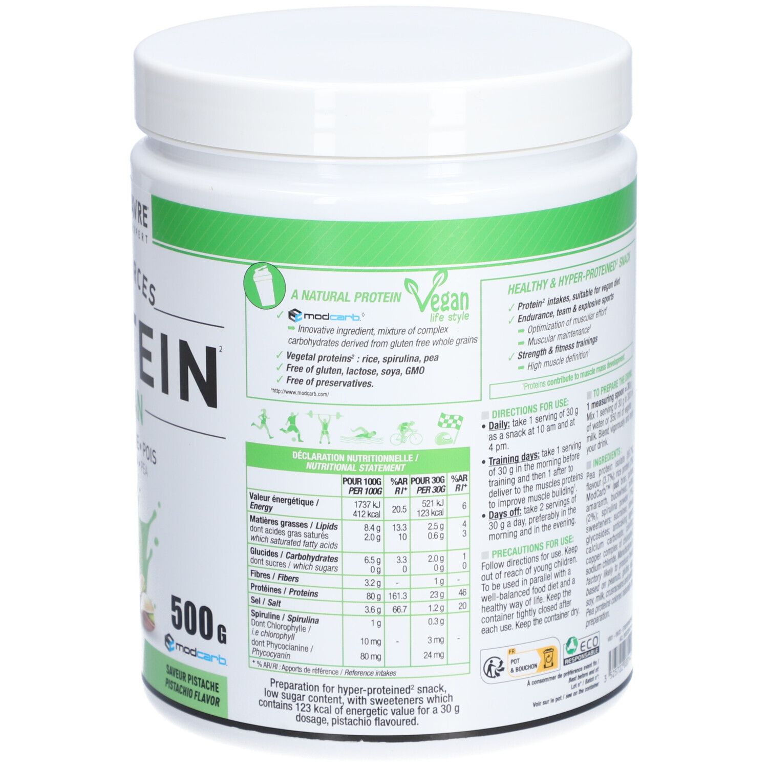 Dos du pot blanc. Texte avec ingrédients et informations nutritionnelles. Vegan, sans gluten, sans lactose.