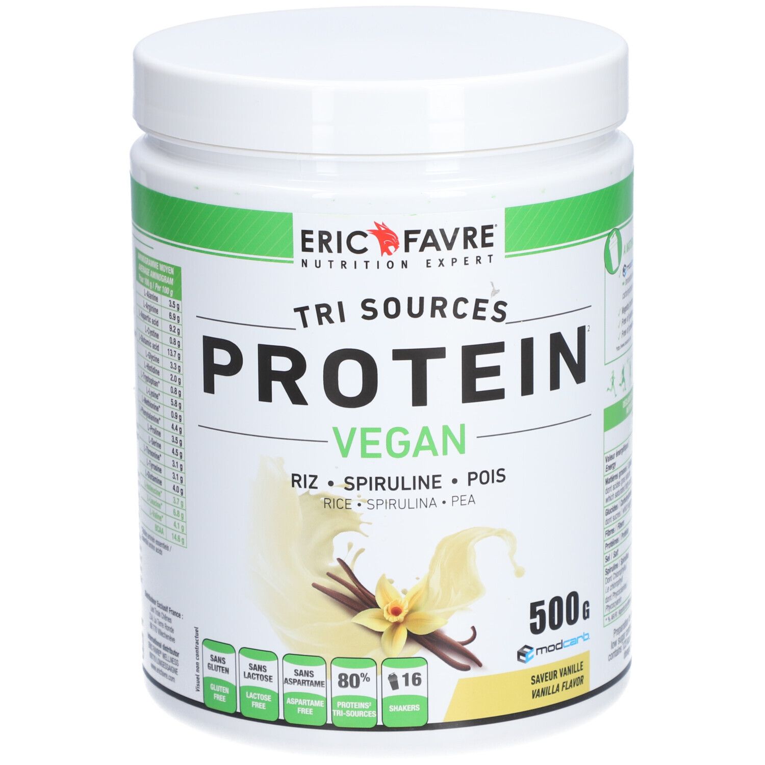 Pot blanc avec étiquette verte. Inscription: Eric Favre, Tri Sources Protein Vegan, Vanille. 500g.