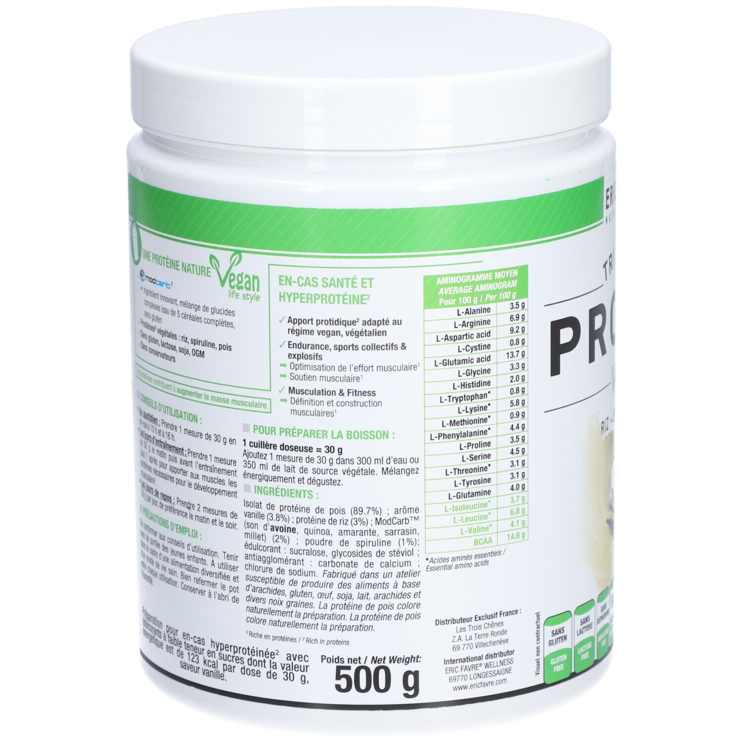 Dos du pot blanc. Texte: Ingrédients, informations nutritionnelles, instructions de préparation. 500g.
