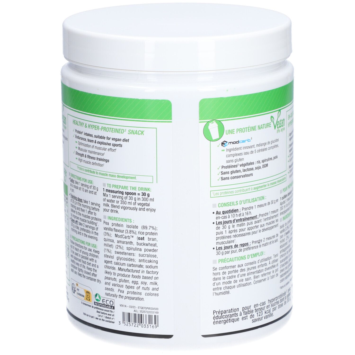 Dos du pot blanc. Texte: Instructions de préparation, ingrédients, informations nutritionnelles. 500g.