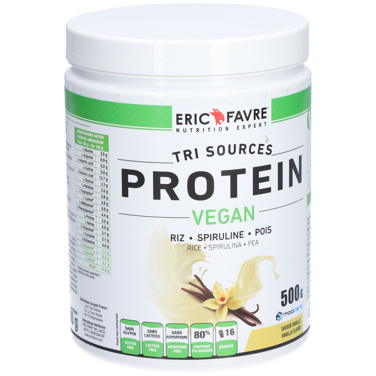 Pot blanc avec étiquette verte. Inscription: Eric Favre, Tri Sources Protein Vegan, Vanille. 500g.