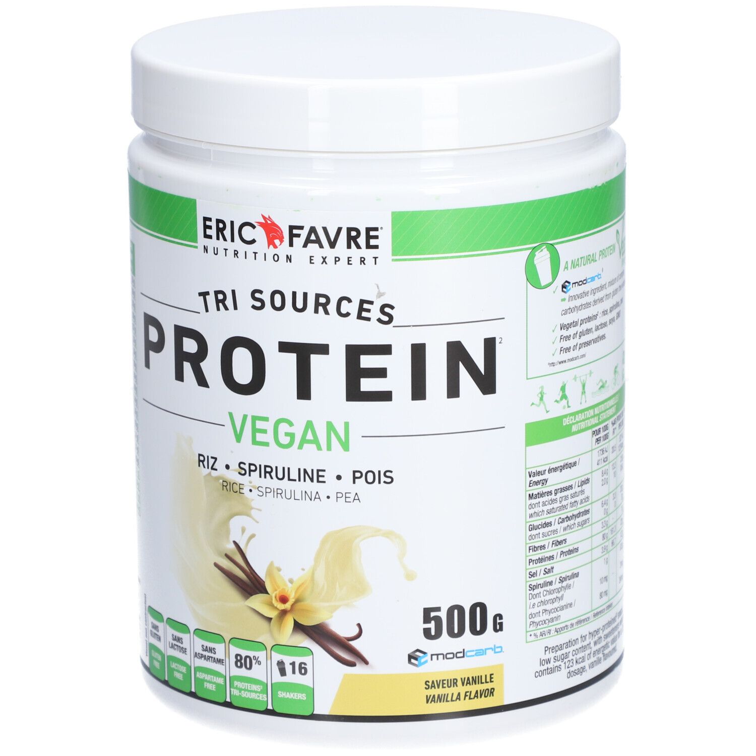 Pot blanc avec étiquette verte. Inscription: Eric Favre, Tri Sources Protein Vegan, Vanille. 500g.