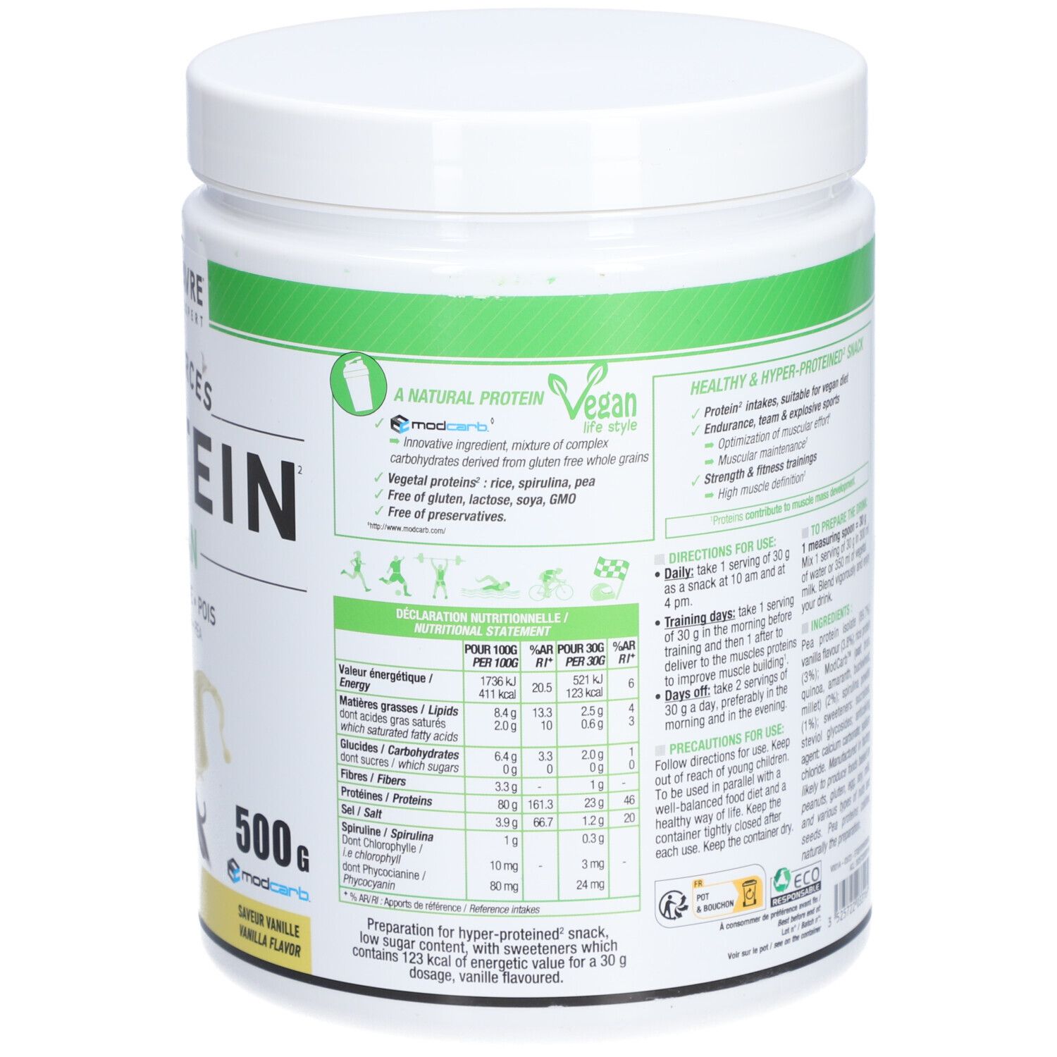 Dos du pot blanc. Texte: Informations nutritionnelles, instructions de préparation, ingrédients. 500g.