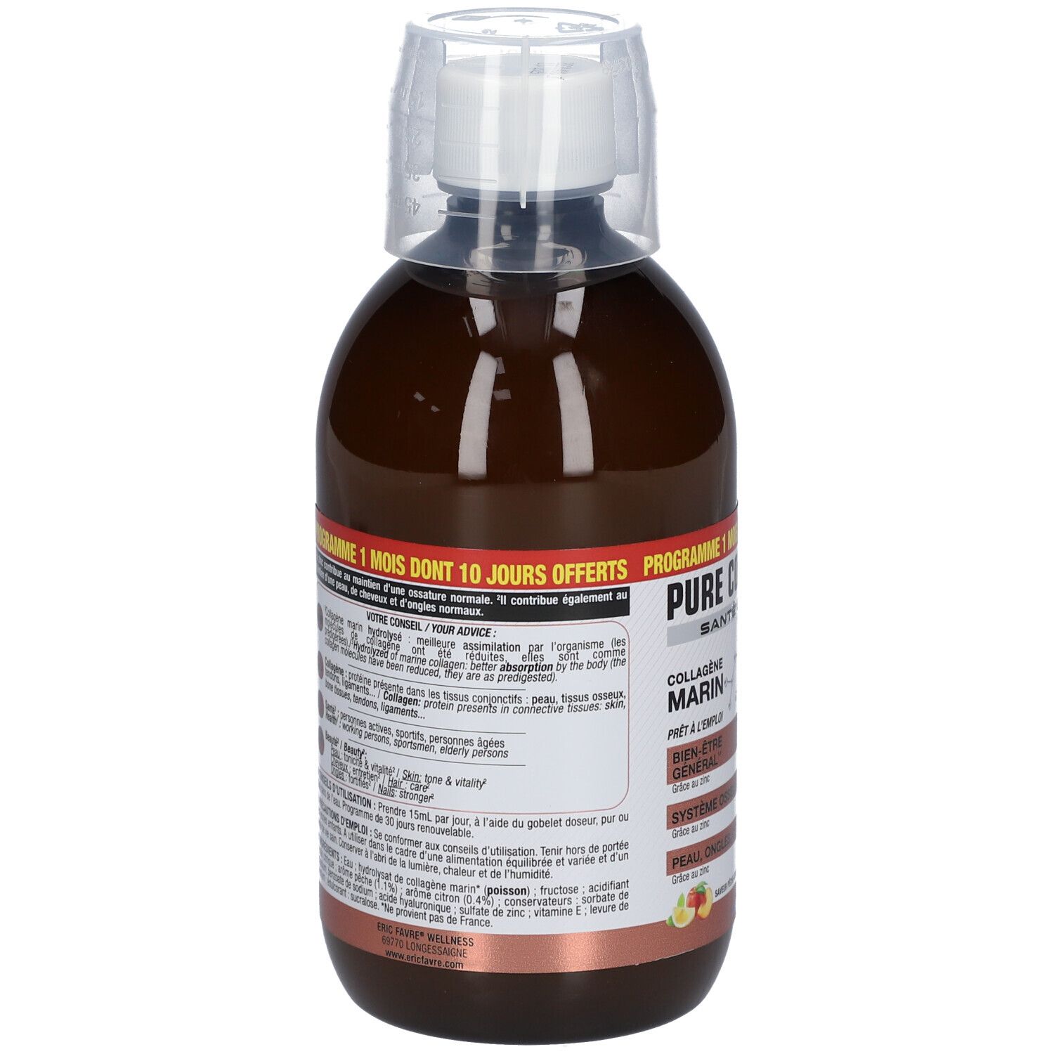 Rückseite der braunen Flasche. Textinformationen und Inhaltsstoffe. Mit weißem Deckel und Messbecher.
