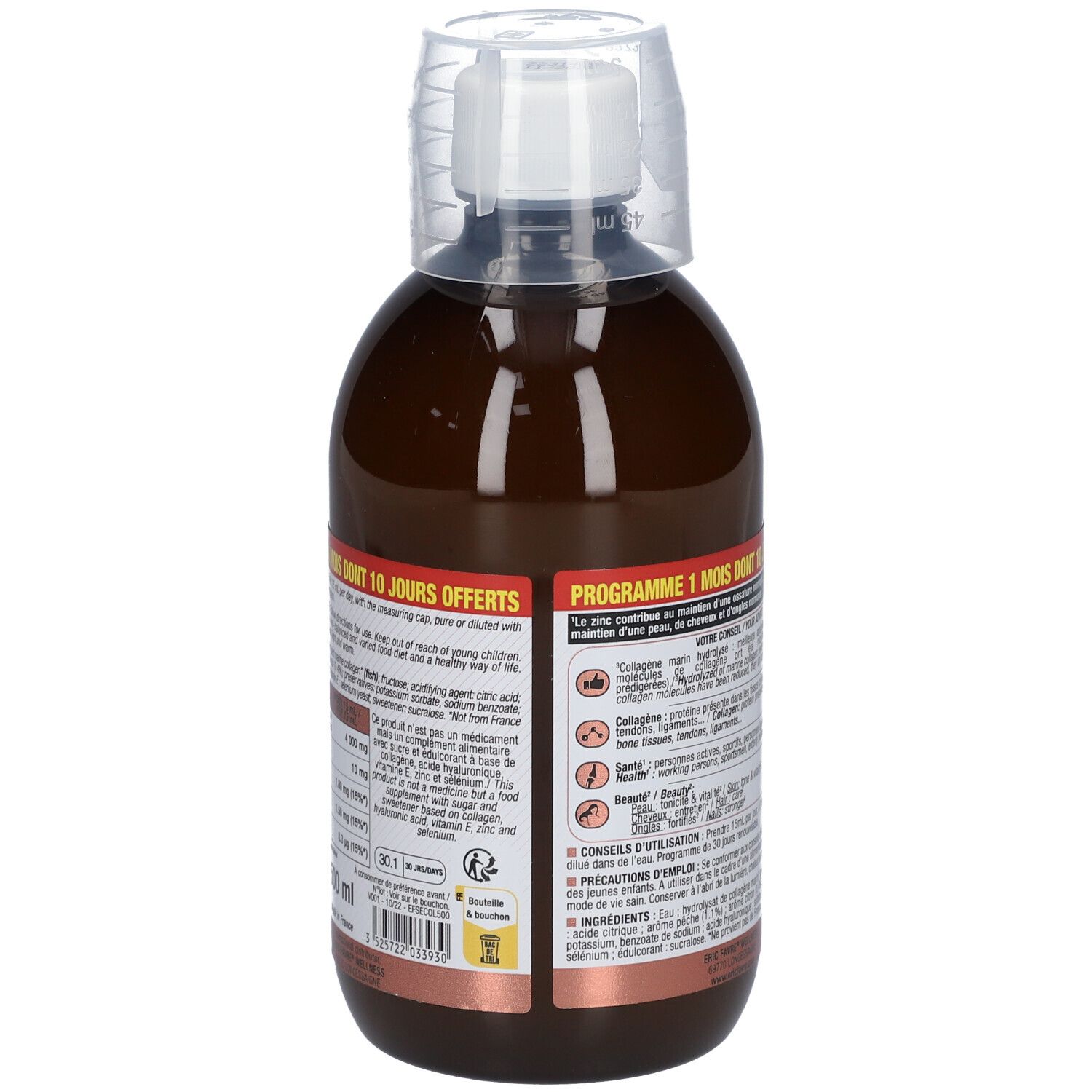 Rückseite der braunen Flasche. Textinformationen und Inhaltsstoffe. Mit weißem Deckel und Messbecher.