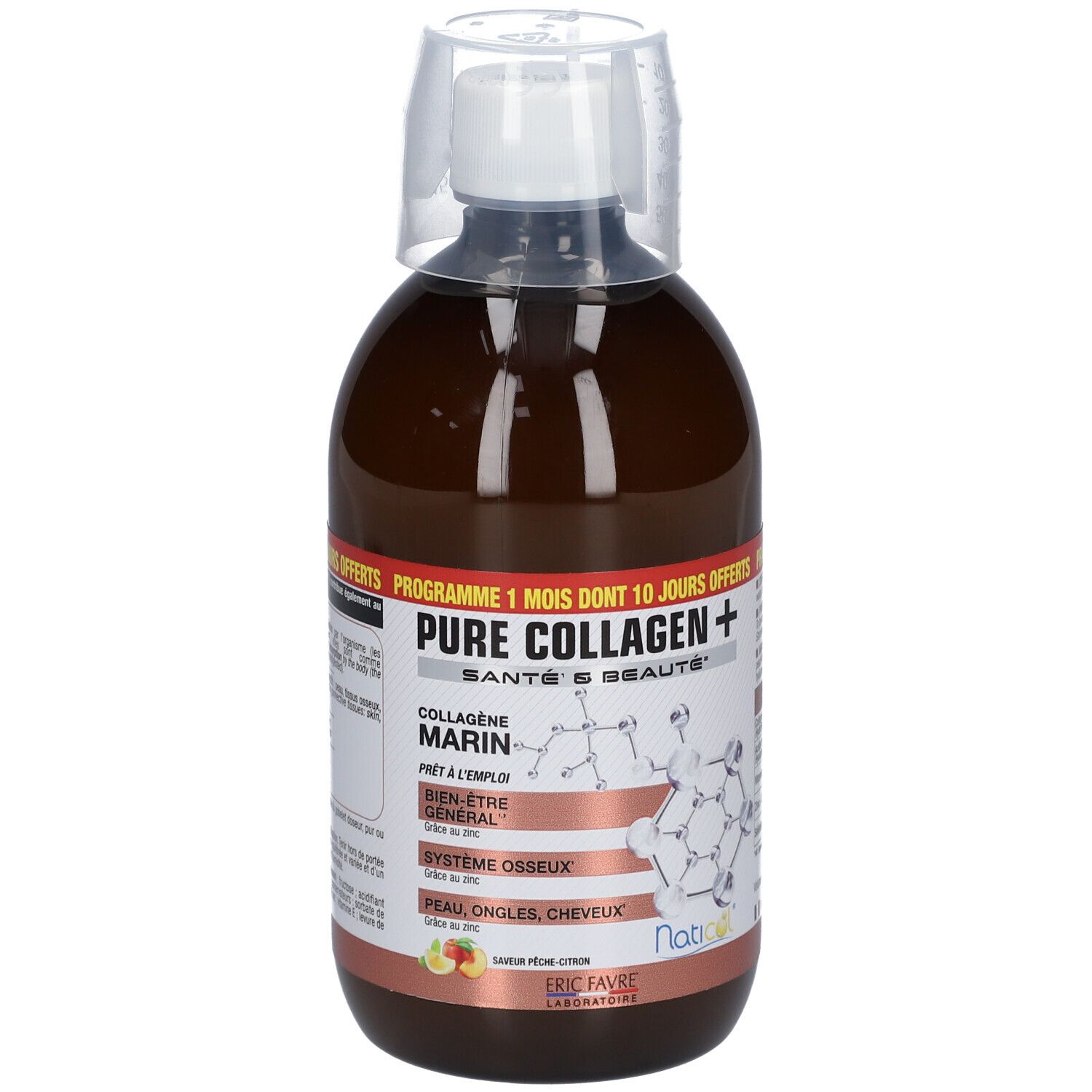 Braune Flasche mit weißem Deckel. Aufschrift: Pure Collagen +, Santé & Beauté. Mit Messbecher.