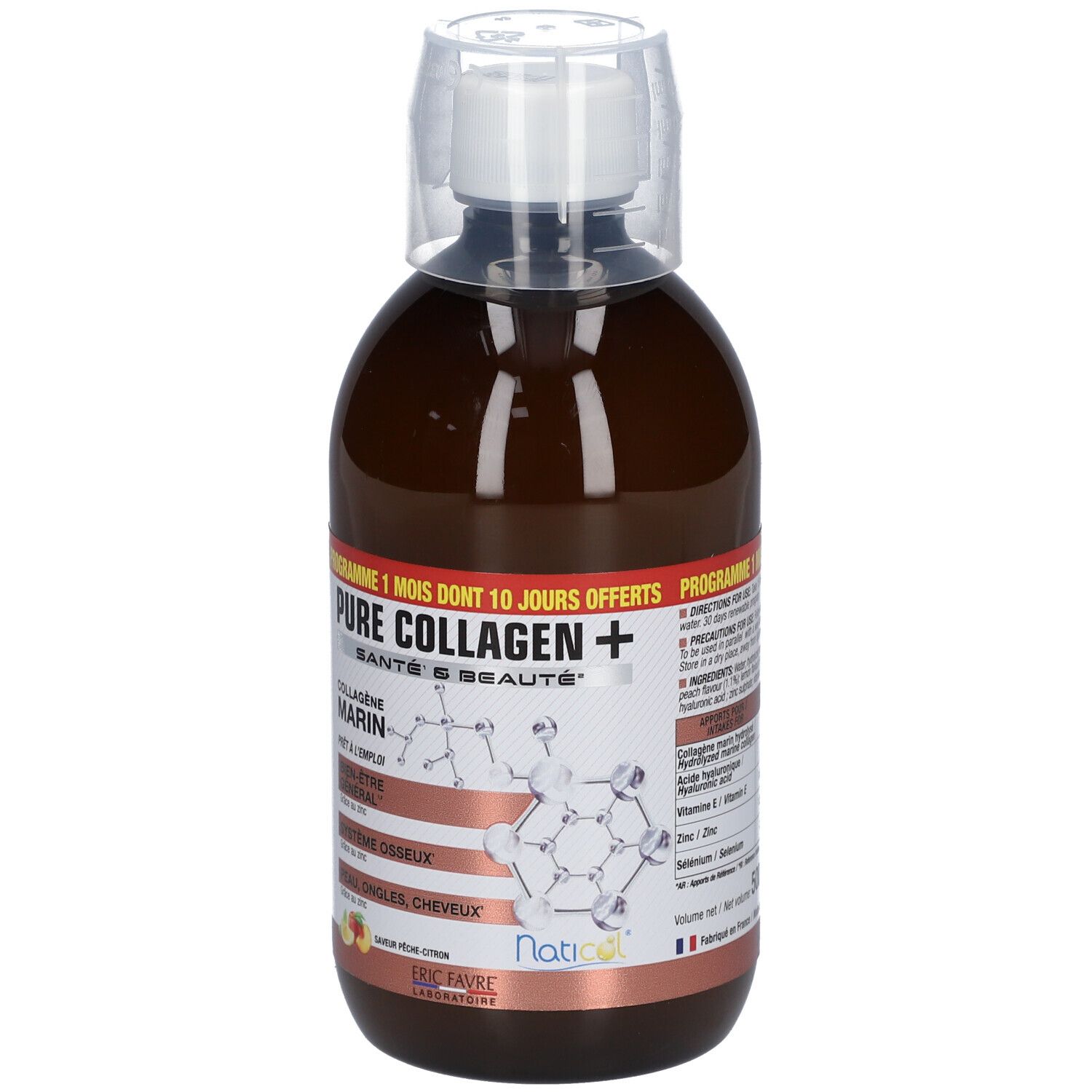 Braune Flasche mit weißem Deckel. Aufschrift: Pure Collagen +, Santé & Beauté. Mit Messbecher.