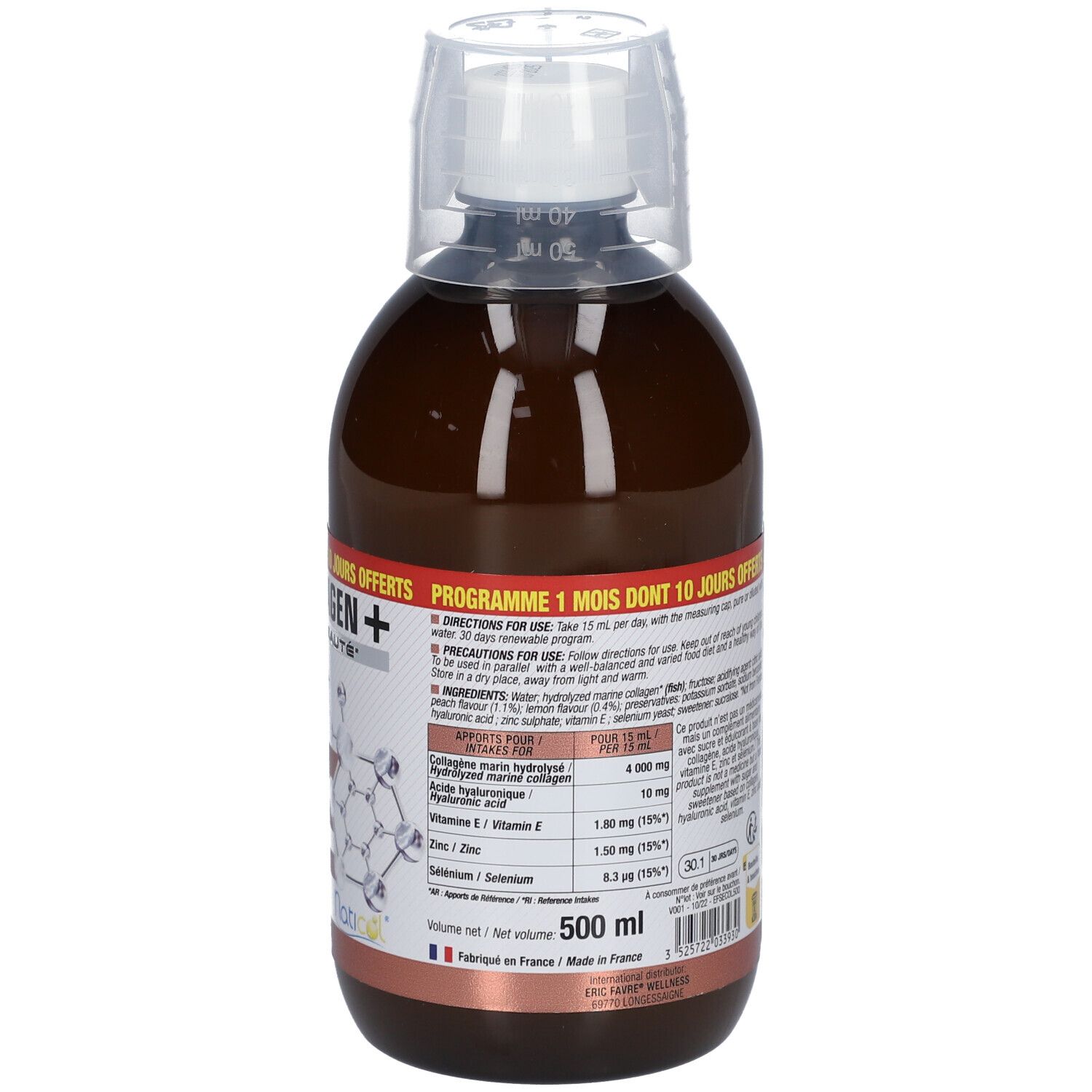 Rückseite der braunen Flasche. Textinformationen und Inhaltsstoffe. Mit weißem Deckel und Messbecher.
