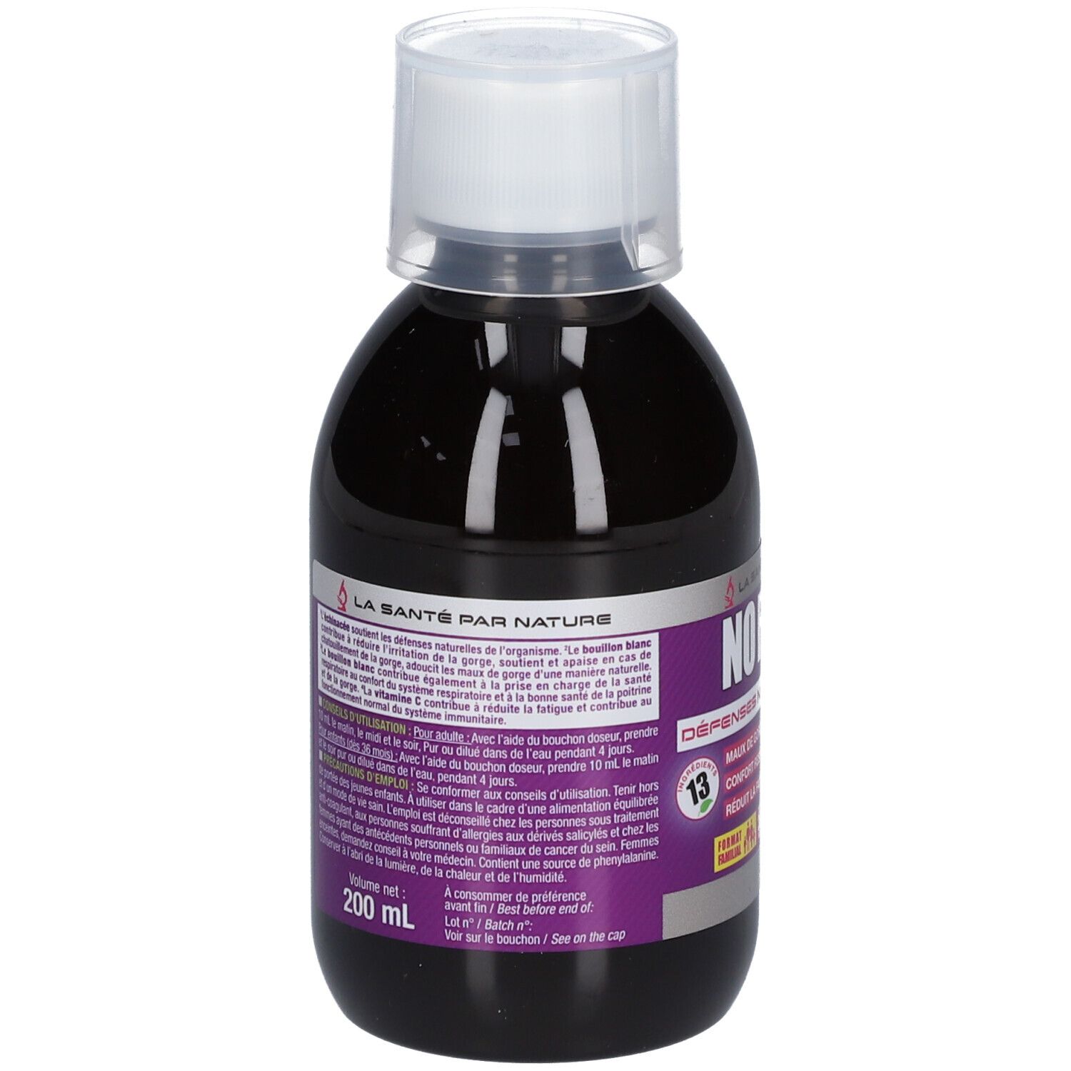 Bouteille de liquide, bouchon blanc et étiquette. L'étiquette indique 'NO RUB' et 'Défenses naturelles'.