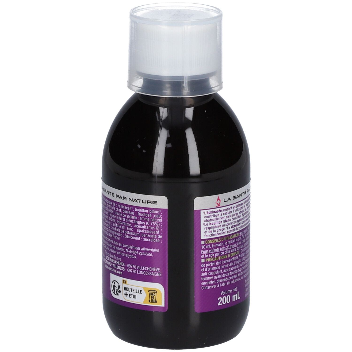 Bouteille de liquide, bouchon blanc et étiquette. L'étiquette indique 'NO RUB' et 'Défenses naturelles'.