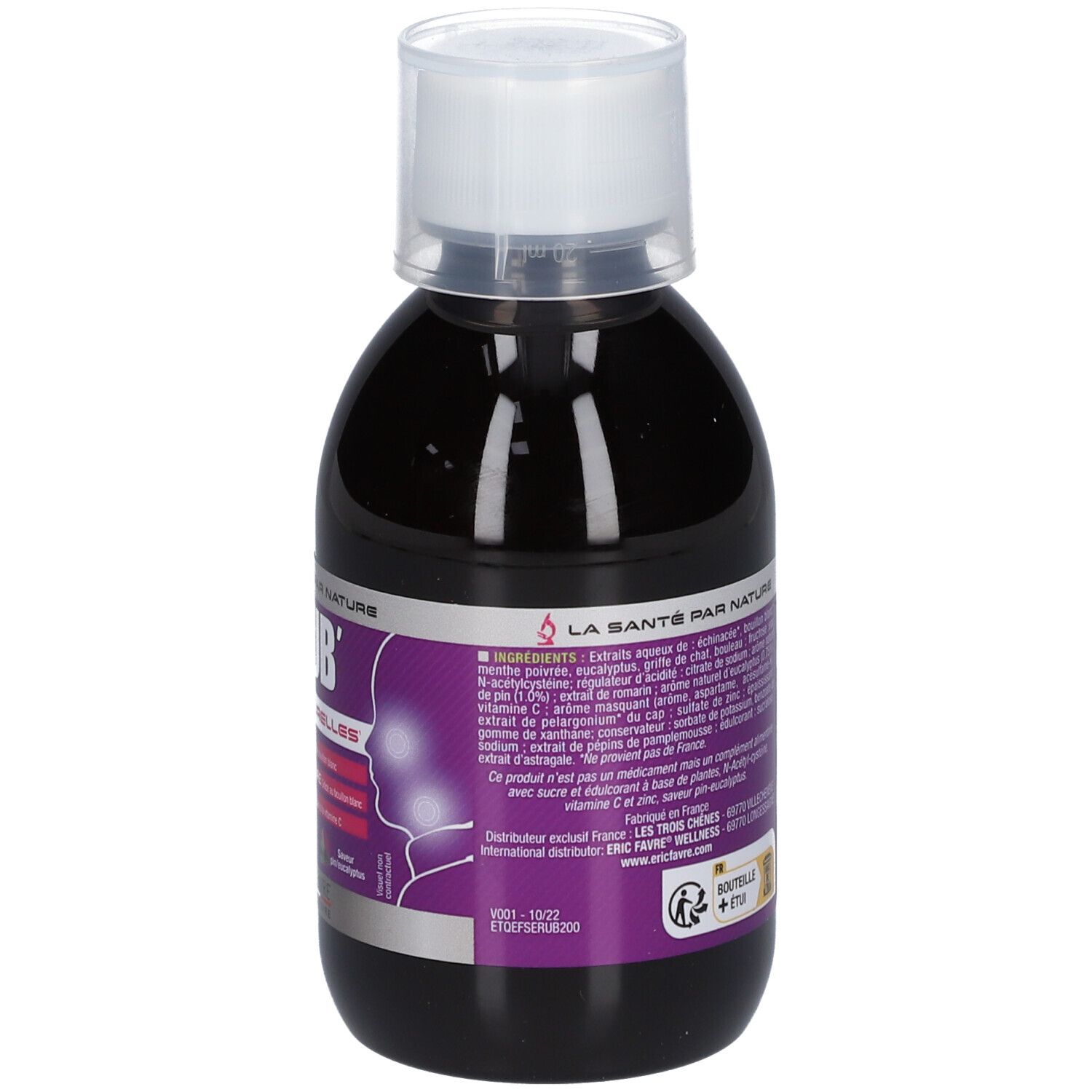 Bouteille de liquide, bouchon blanc et étiquette. L'étiquette indique 'NO RUB' et 'Défenses naturelles'.
