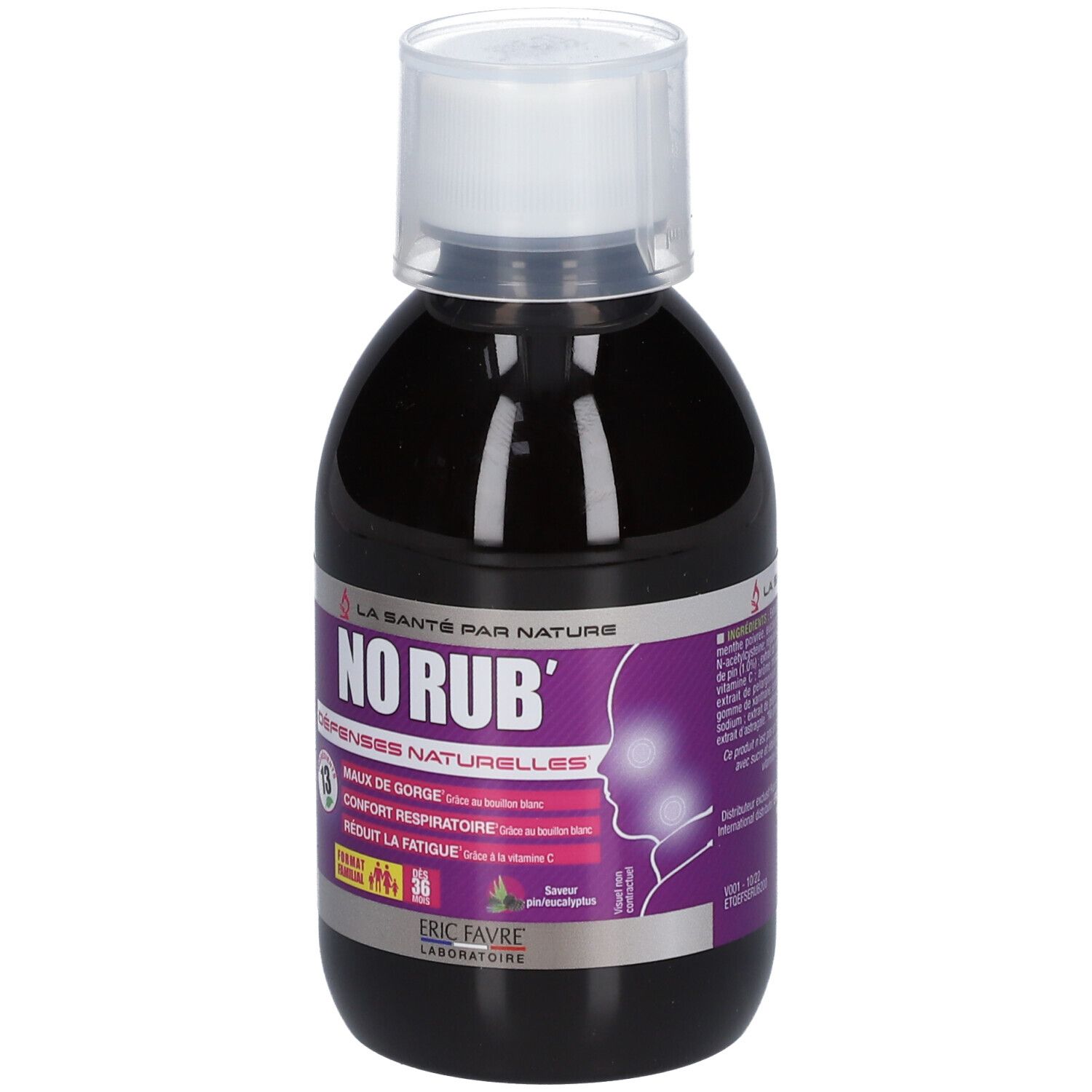 Bouteille de liquide, bouchon blanc et étiquette. L'étiquette indique 'NO RUB' et 'Défenses naturelles'.