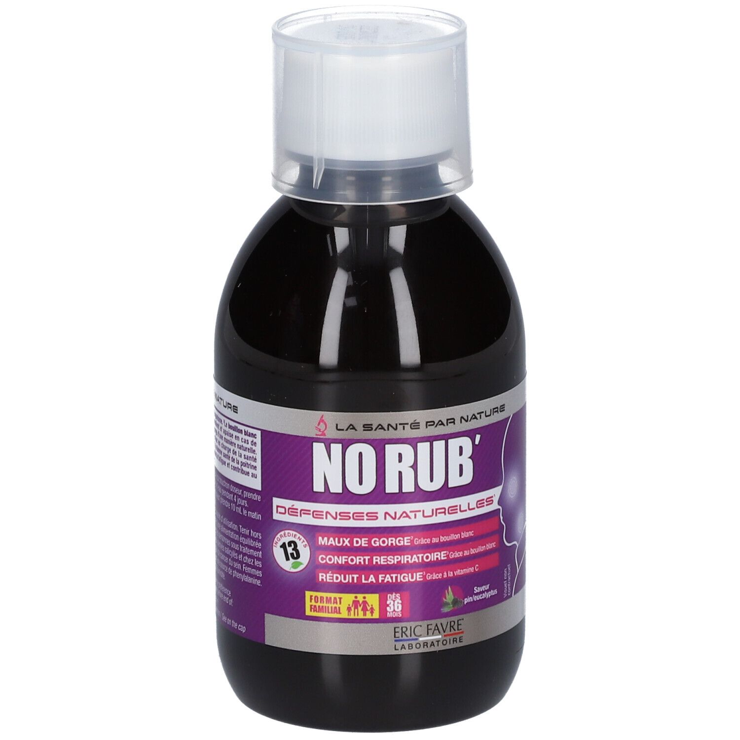 Bouteille de liquide, bouchon blanc et étiquette. L'étiquette indique 'NO RUB' et 'Défenses naturelles'.