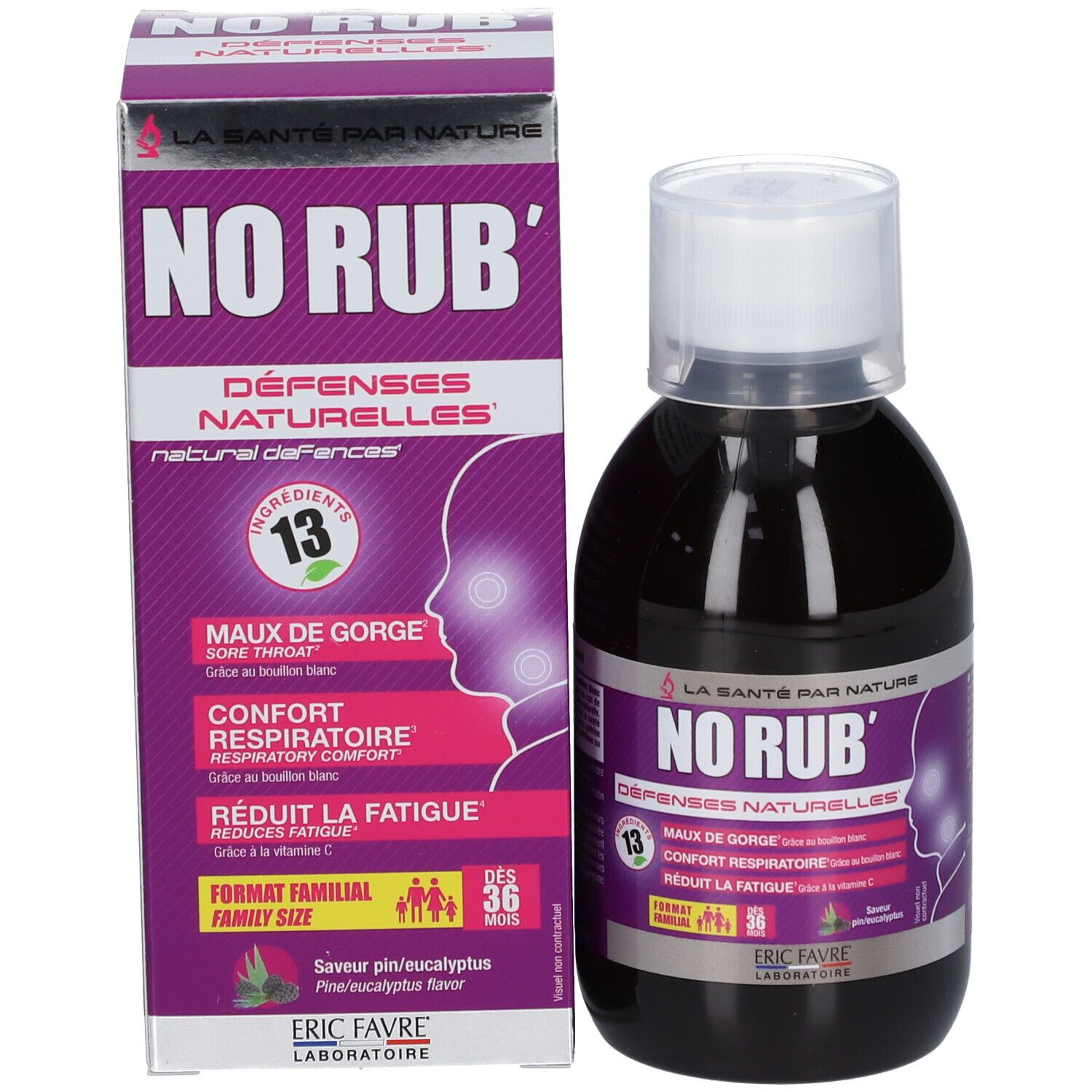 Bouteille de produit et emballage. L'emballage indique 'NO RUB' et 'Défenses naturelles'.
