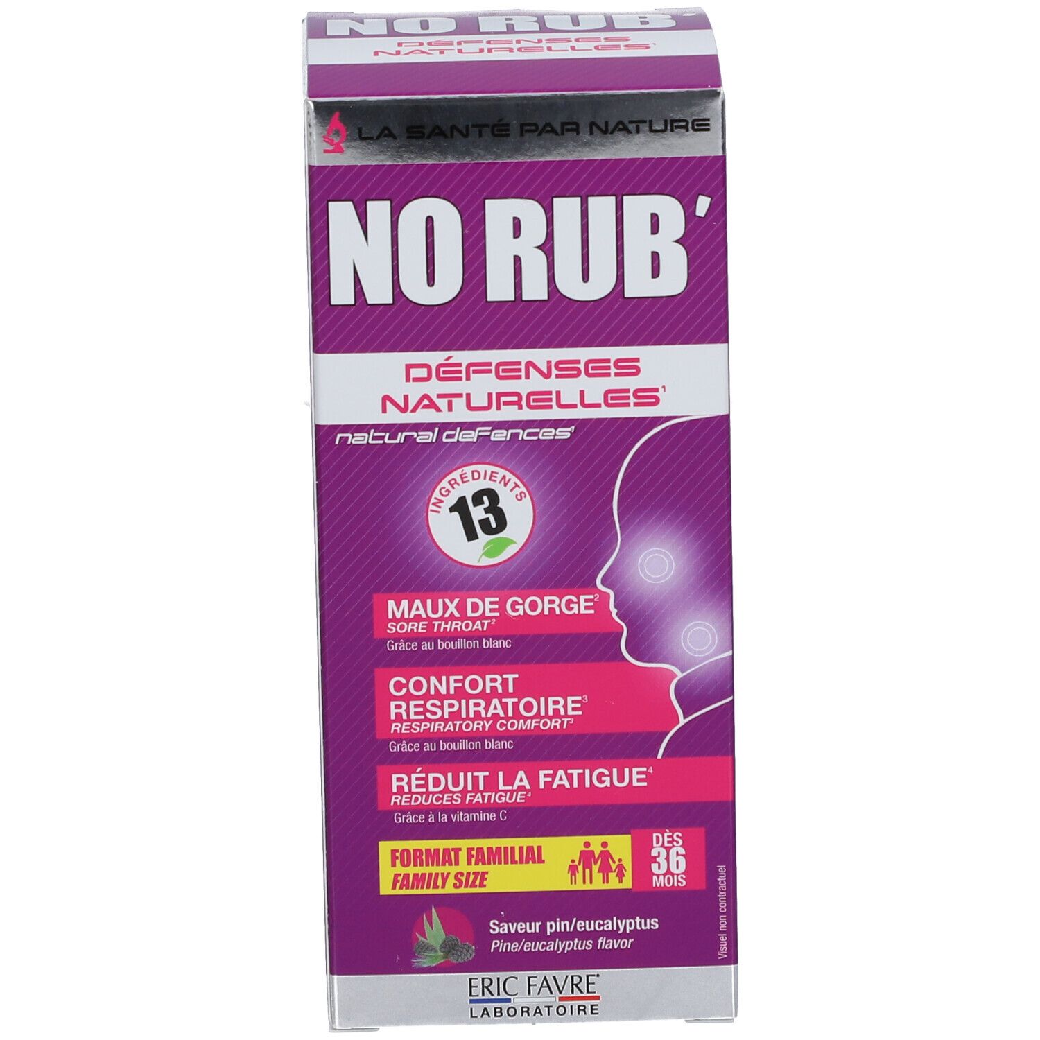 Emballage du produit. L'emballage indique 'NO RUB' et 'Défenses naturelles'.