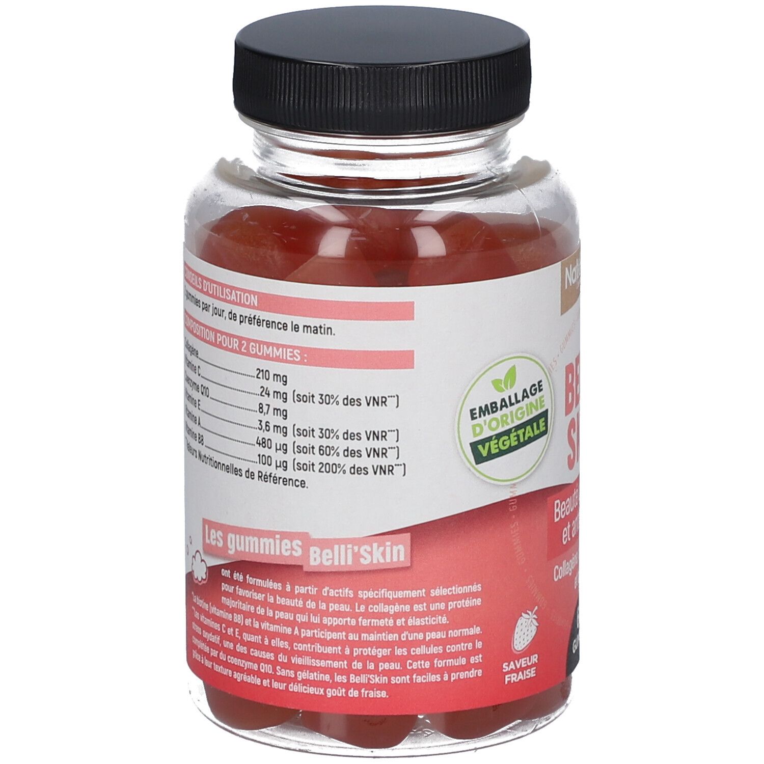 Rückseite der Flasche mit Informationen. Enthält Angaben zu Inhaltsstoffen und Nährwerten. 'Belli' Skin' Gummibärchen.
