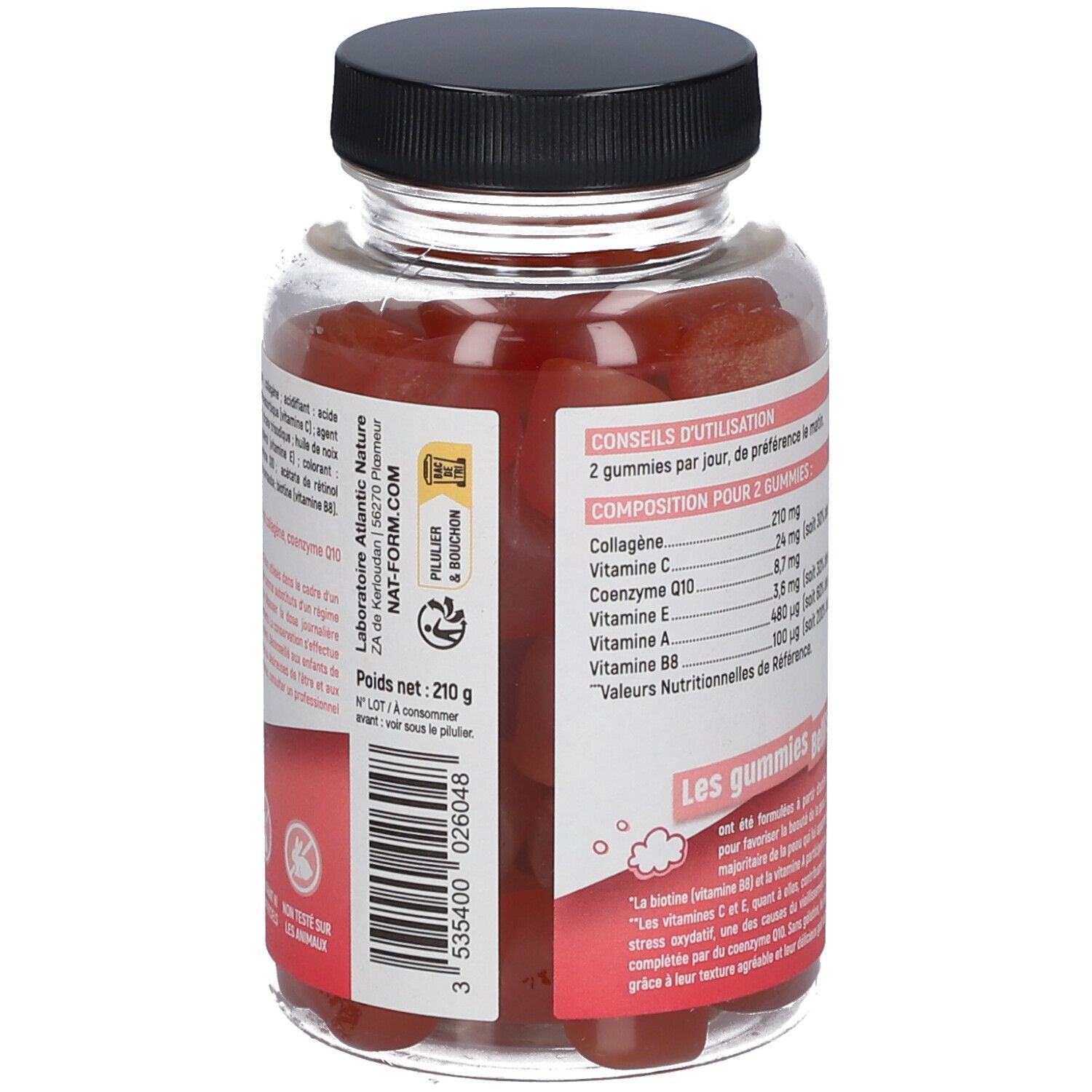 Rückansicht der Flasche mit Informationen. Enthält Angaben zu Inhaltsstoffen und Nährwerten. 'Belli' Skin' Gummibärchen.