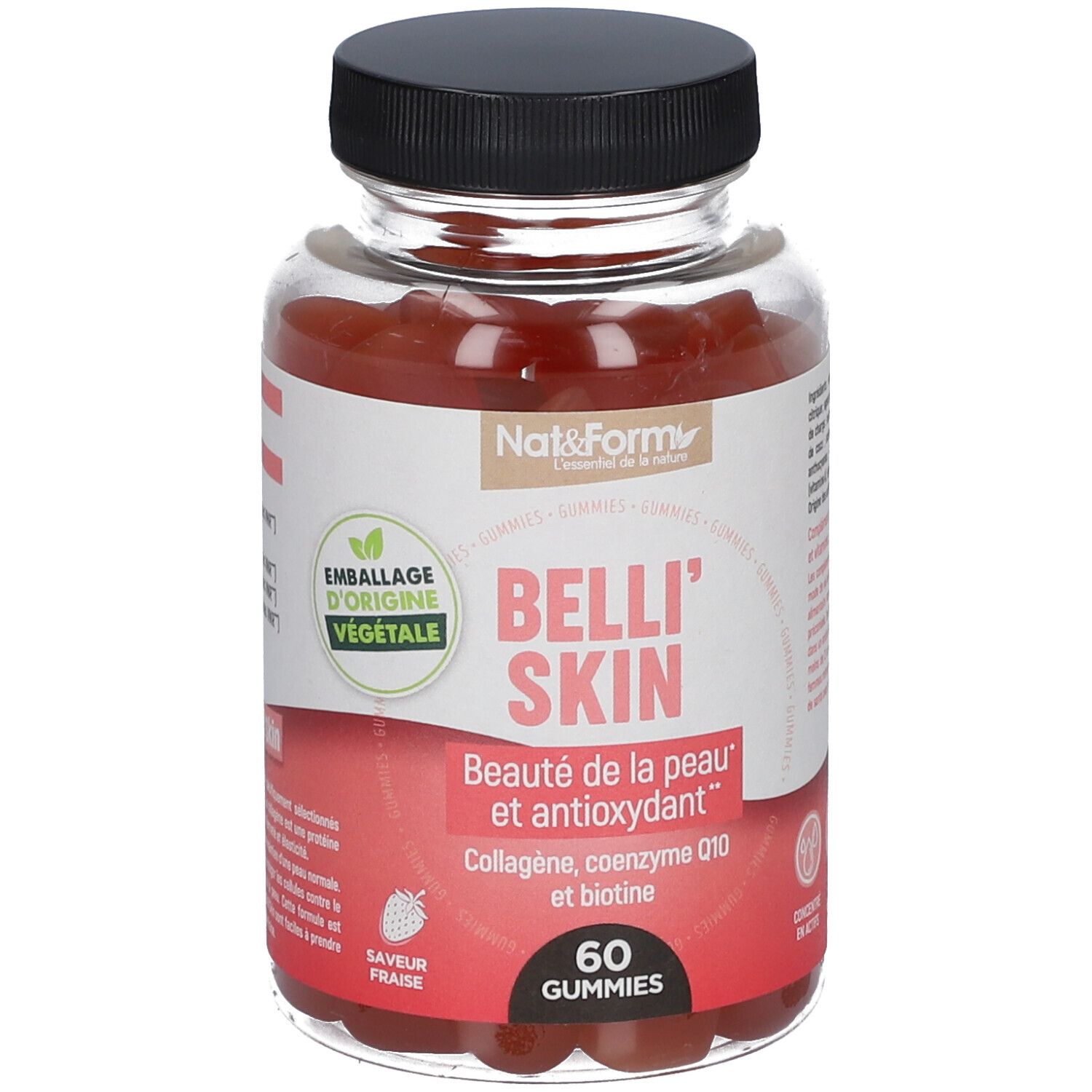 Klare Plastikflasche mit roten Gummibärchen. Auf dem Etikett steht 'Belli' Skin' und '60 Gummies'.