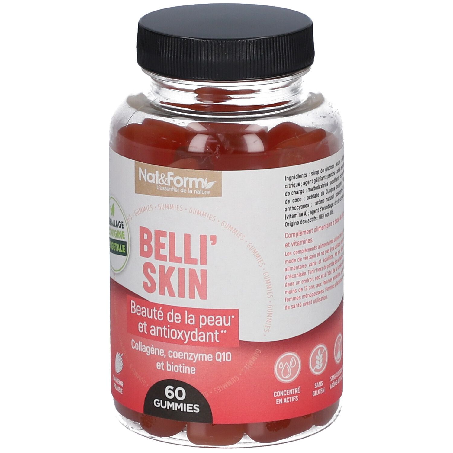 Klare Plastikflasche mit roten Gummibärchen. Auf dem Etikett steht 'Belli' Skin' und '60 Gummies'.