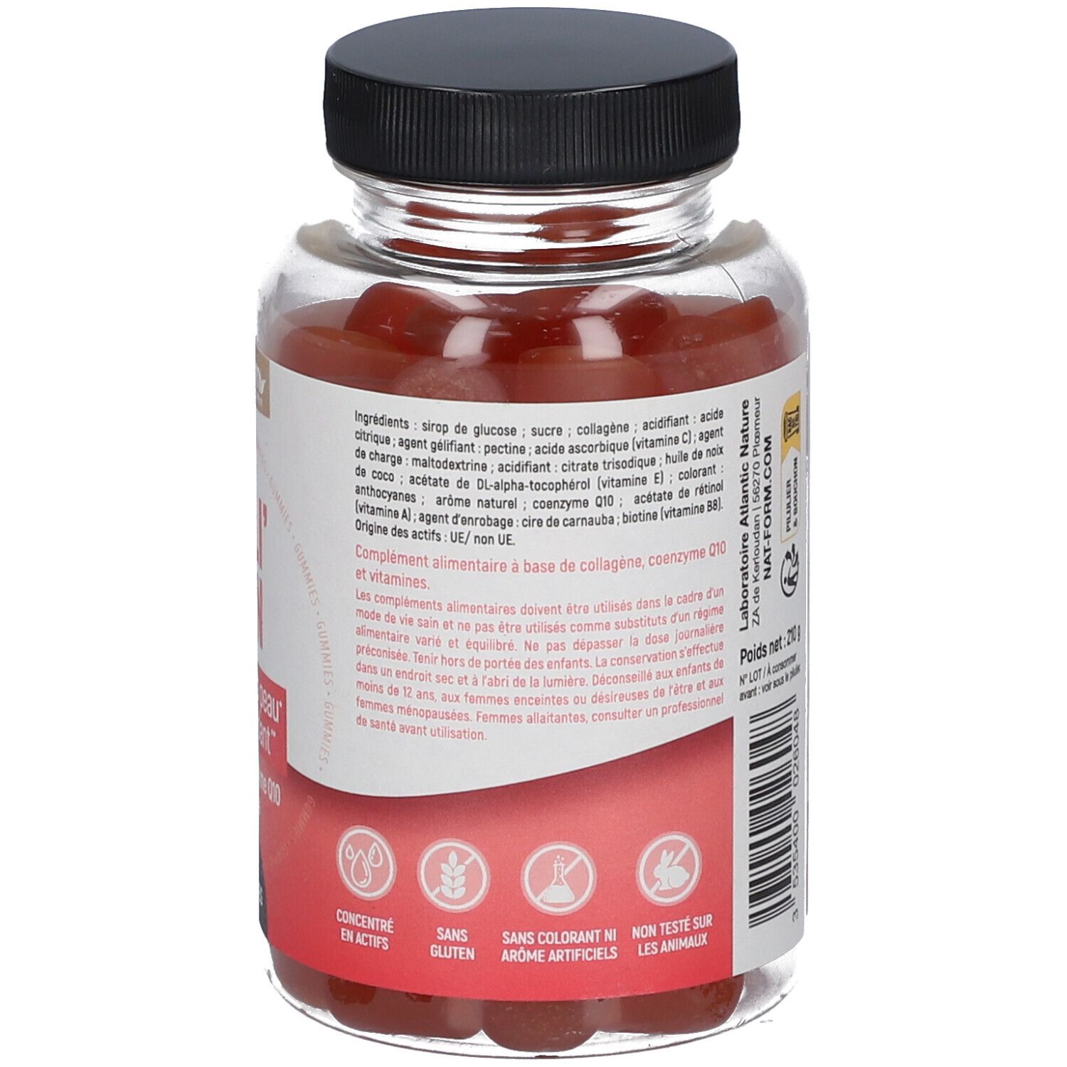 Rückseite der Flasche mit Informationen. Enthält Angaben zu Inhaltsstoffen und Nährwerten. 'Belli' Skin' Gummibärchen.
