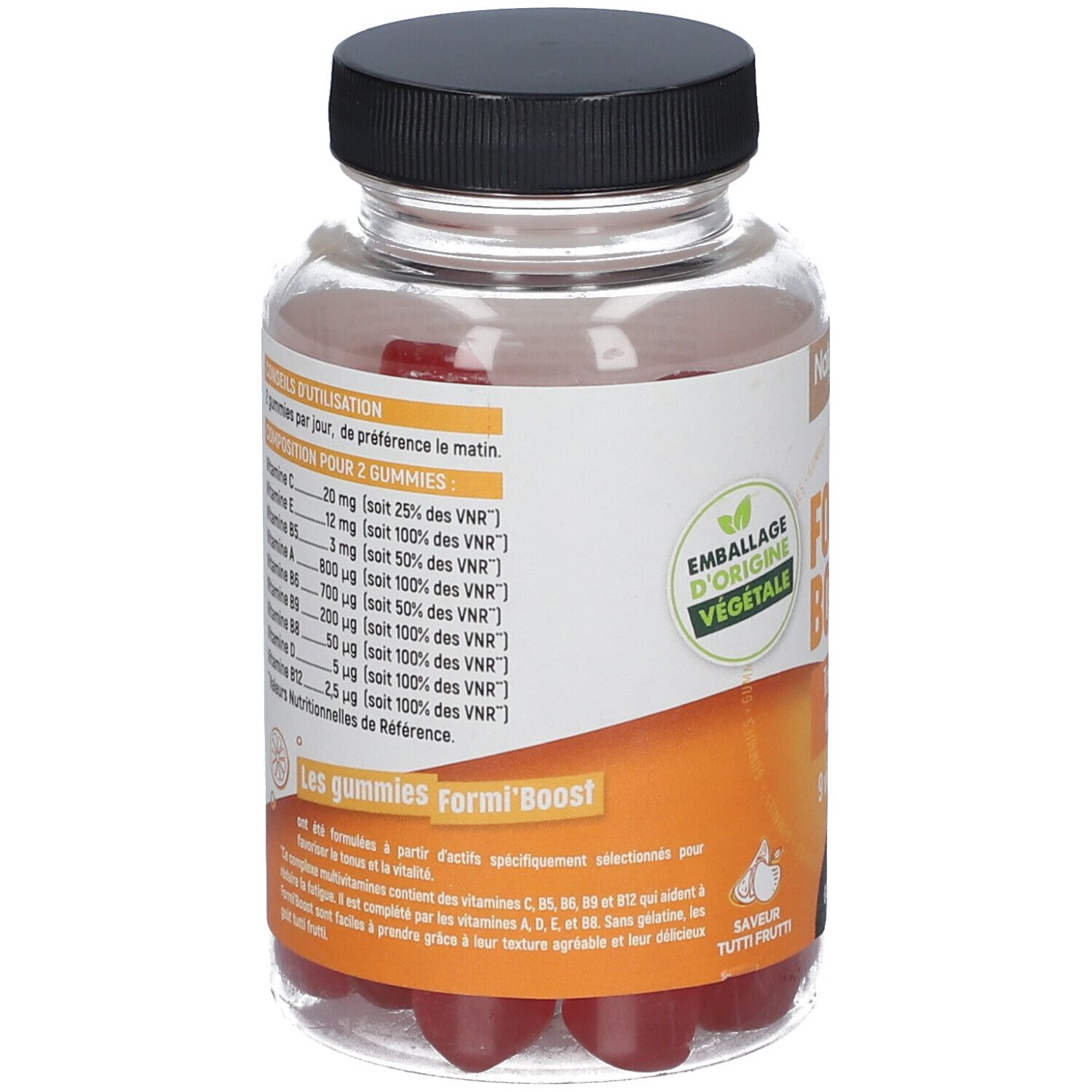 Rückseite der Flasche. Etikett mit Inhaltsstoffen, Vitaminen und Verzehrempfehlung. 'Emballage d'origine végétale'.