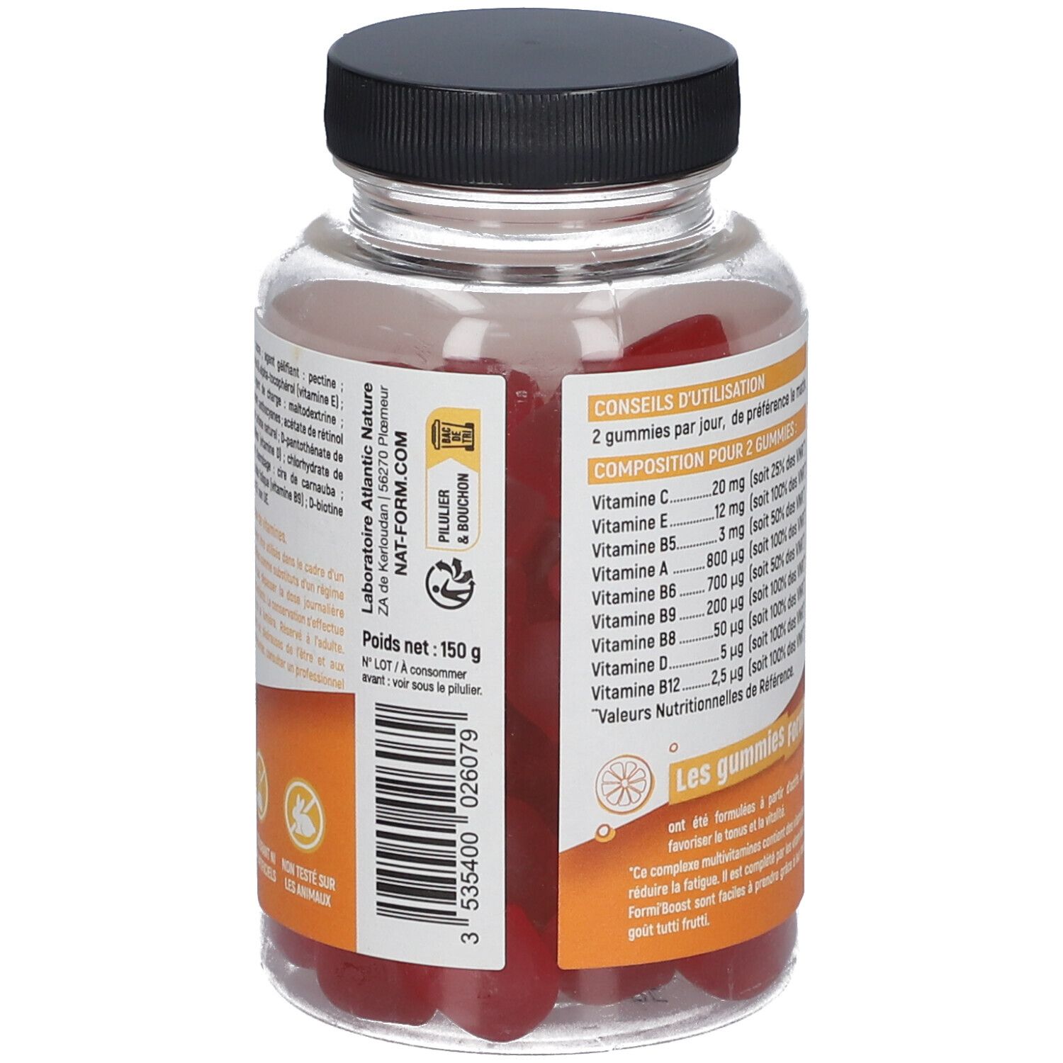 Rückansicht der Flasche. Etikett mit Inhaltsstoffen, Vitaminen und Verzehrempfehlung. Gewicht 150g. 'Emballage d'origine végétale'.